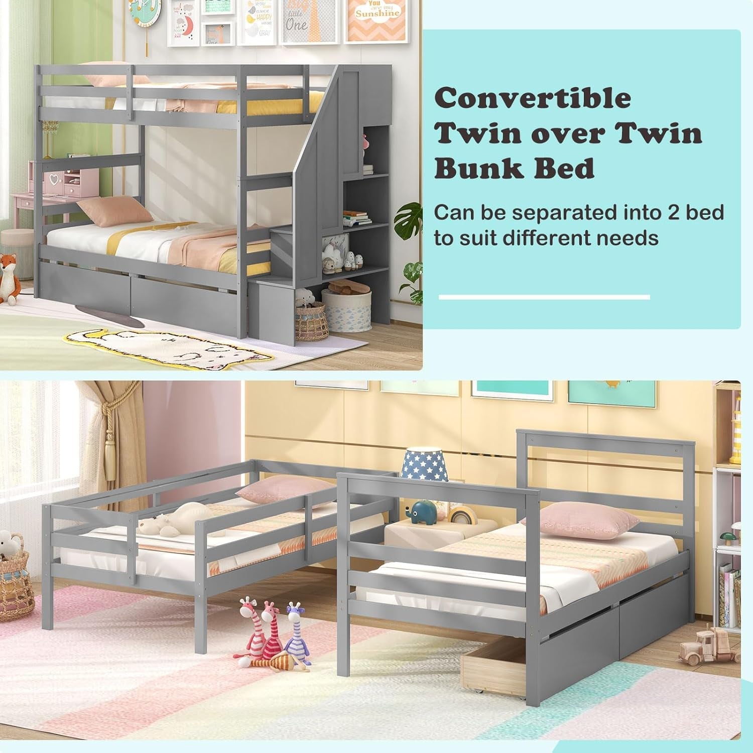 Twin Over Twin Bunk Bed With Storage Stairs Solid Wood Grey