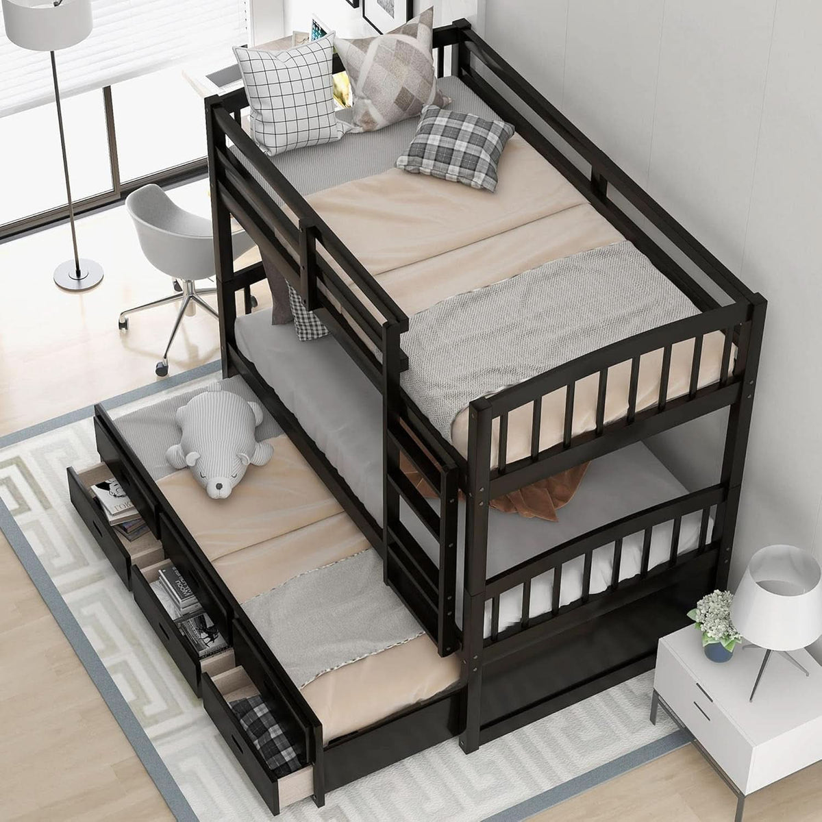 Twin Over Twin Bunk Bed With Trundle Espresso Finish