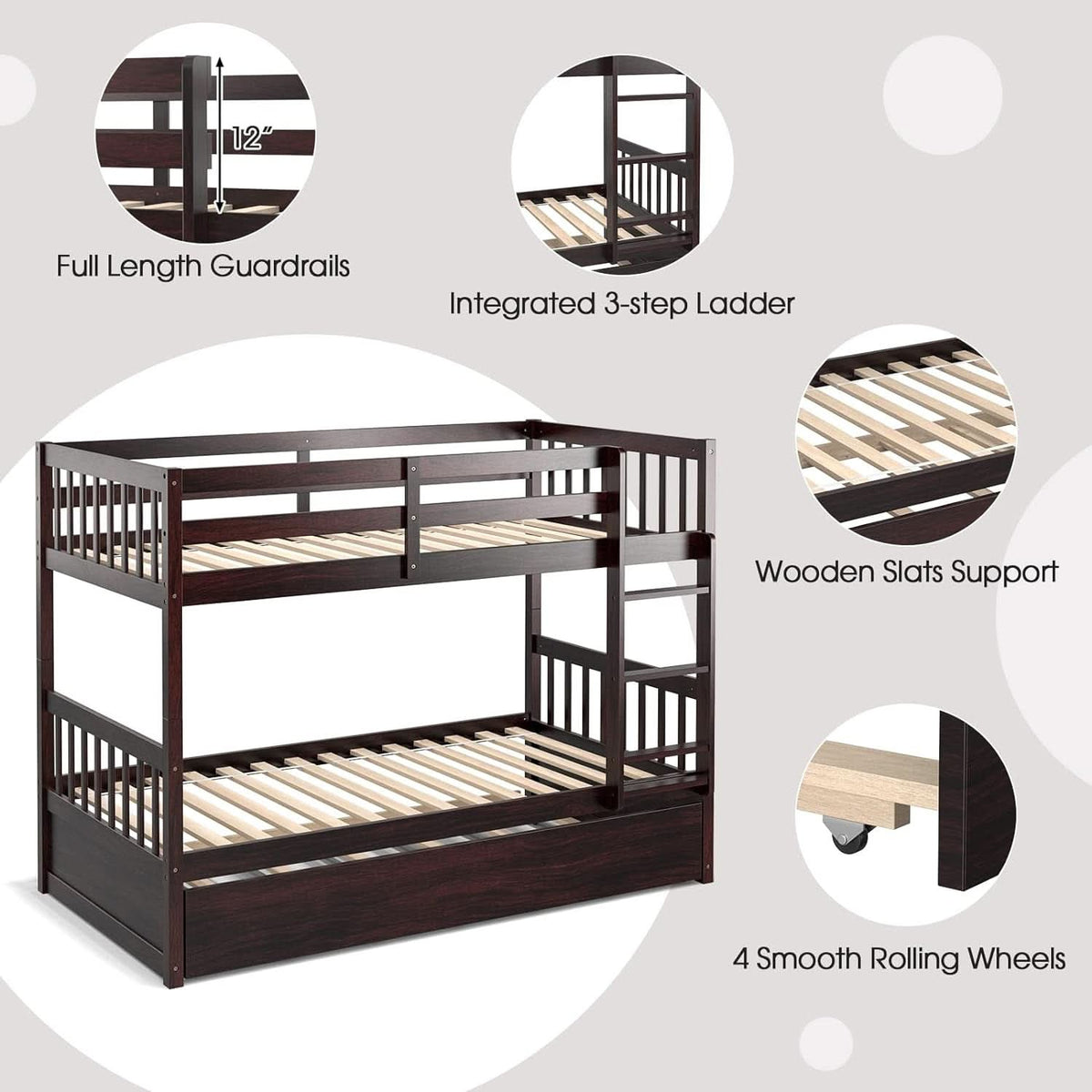 Twin Over Twin Bunk Bed With Trundle In Espresso Solid Wood