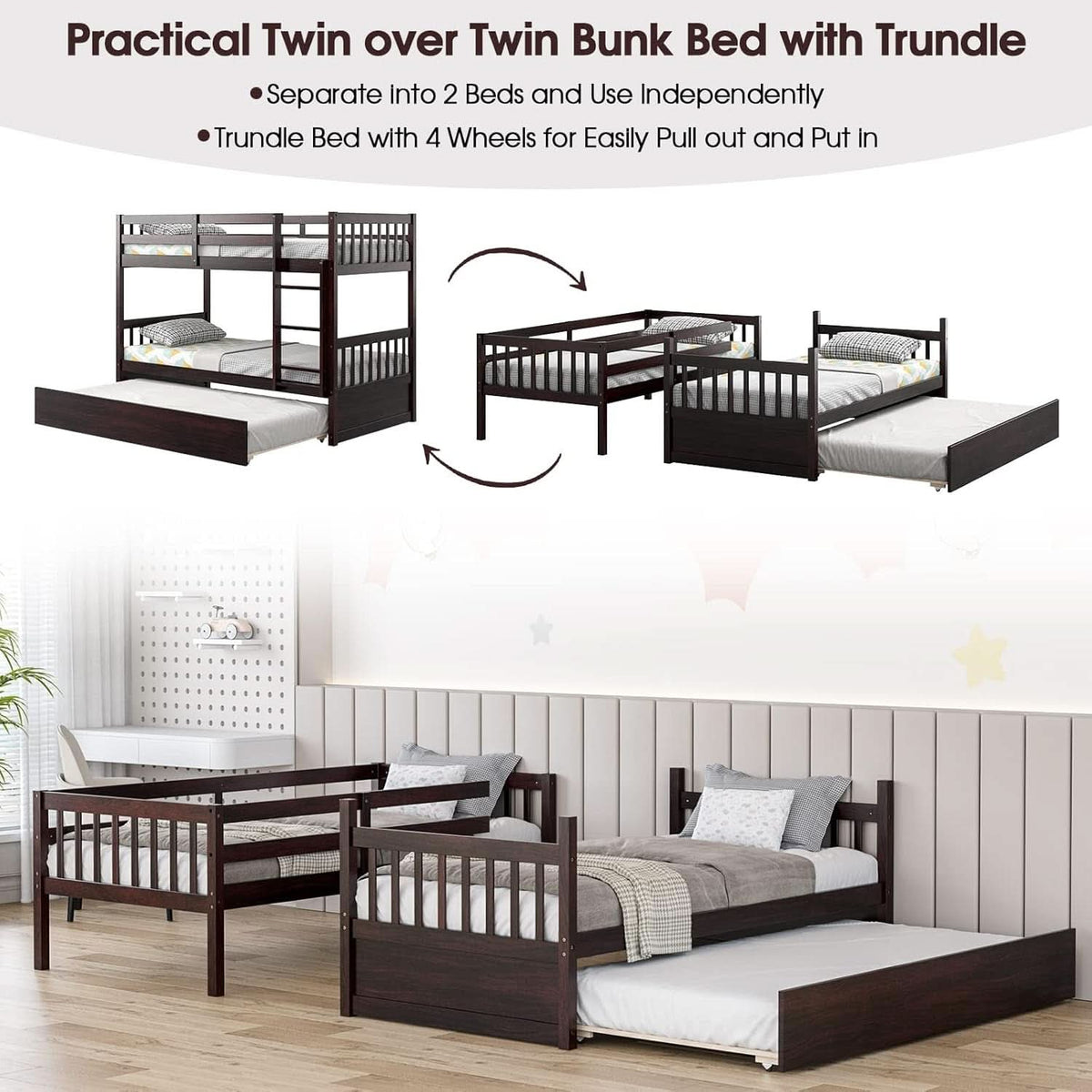 Twin Over Twin Bunk Bed With Trundle In Espresso Solid Wood