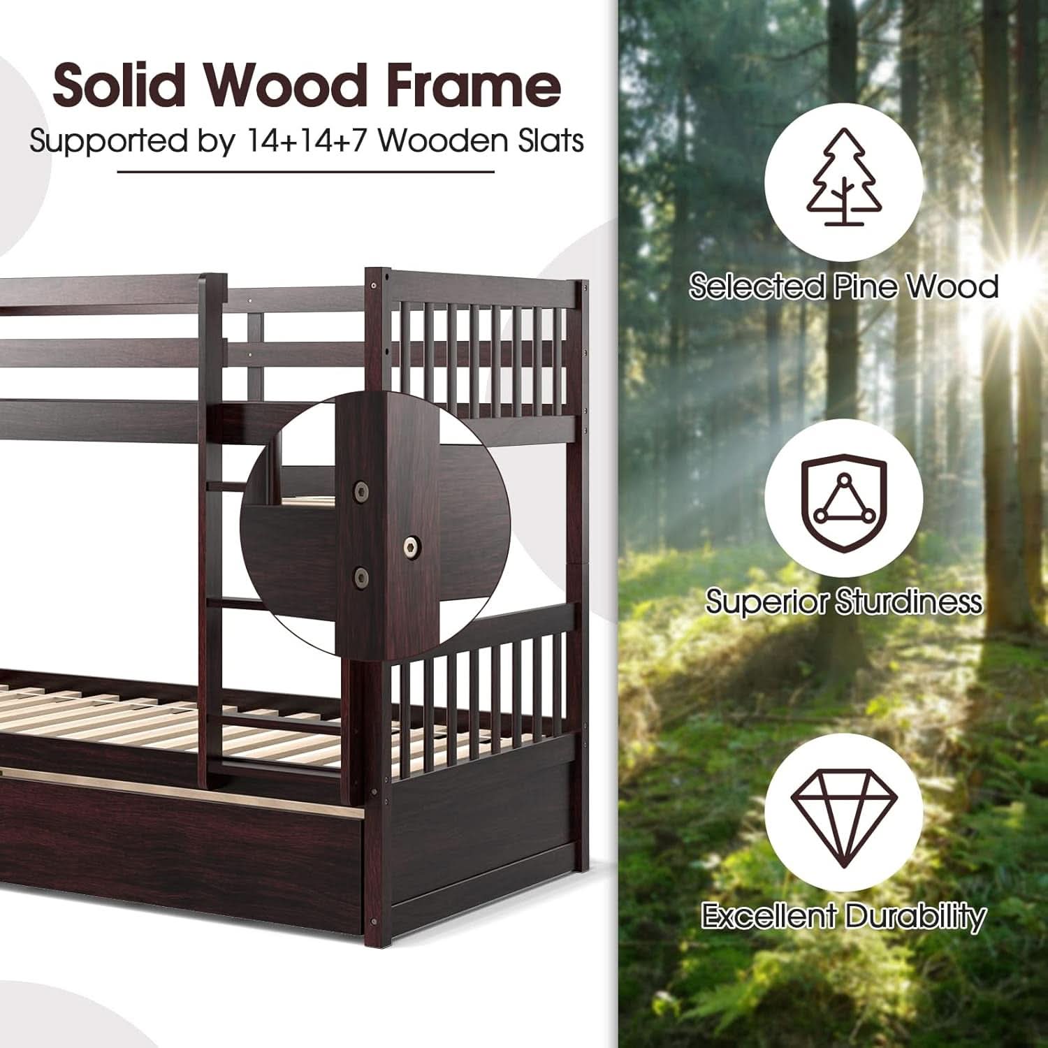 Twin Over Twin Bunk Bed With Trundle In Espresso Solid Wood