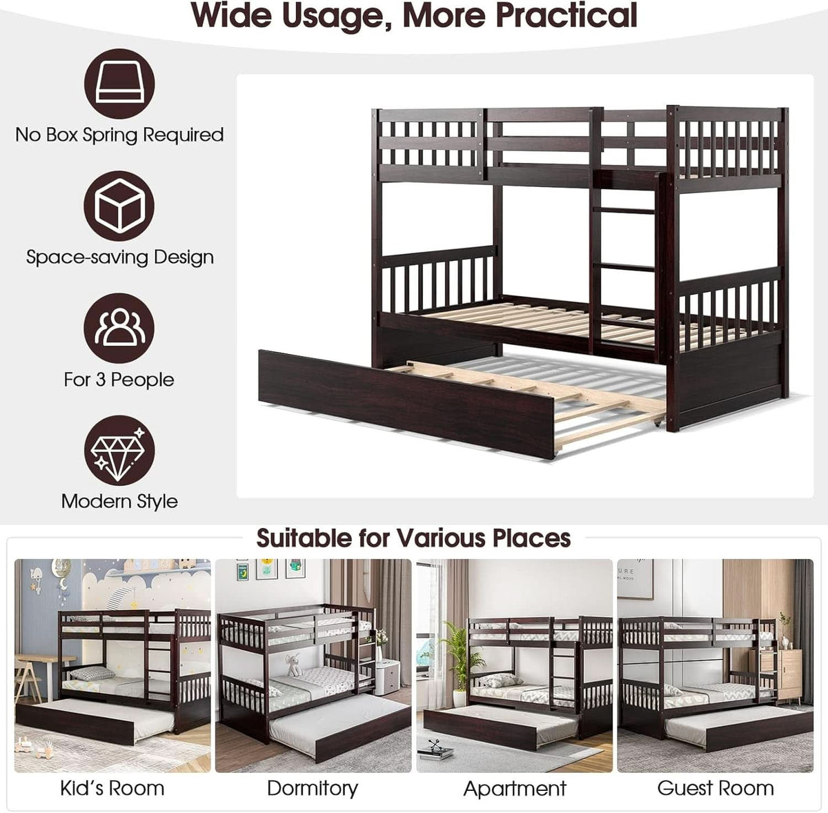 Twin Over Twin Bunk Bed With Trundle In Espresso Solid Wood