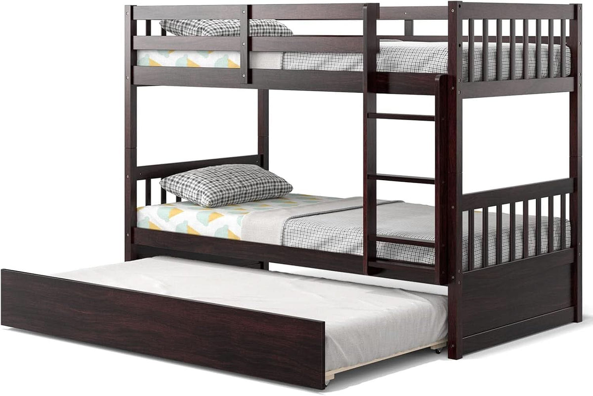 Twin Over Twin Bunk Bed With Trundle In Espresso Solid Wood