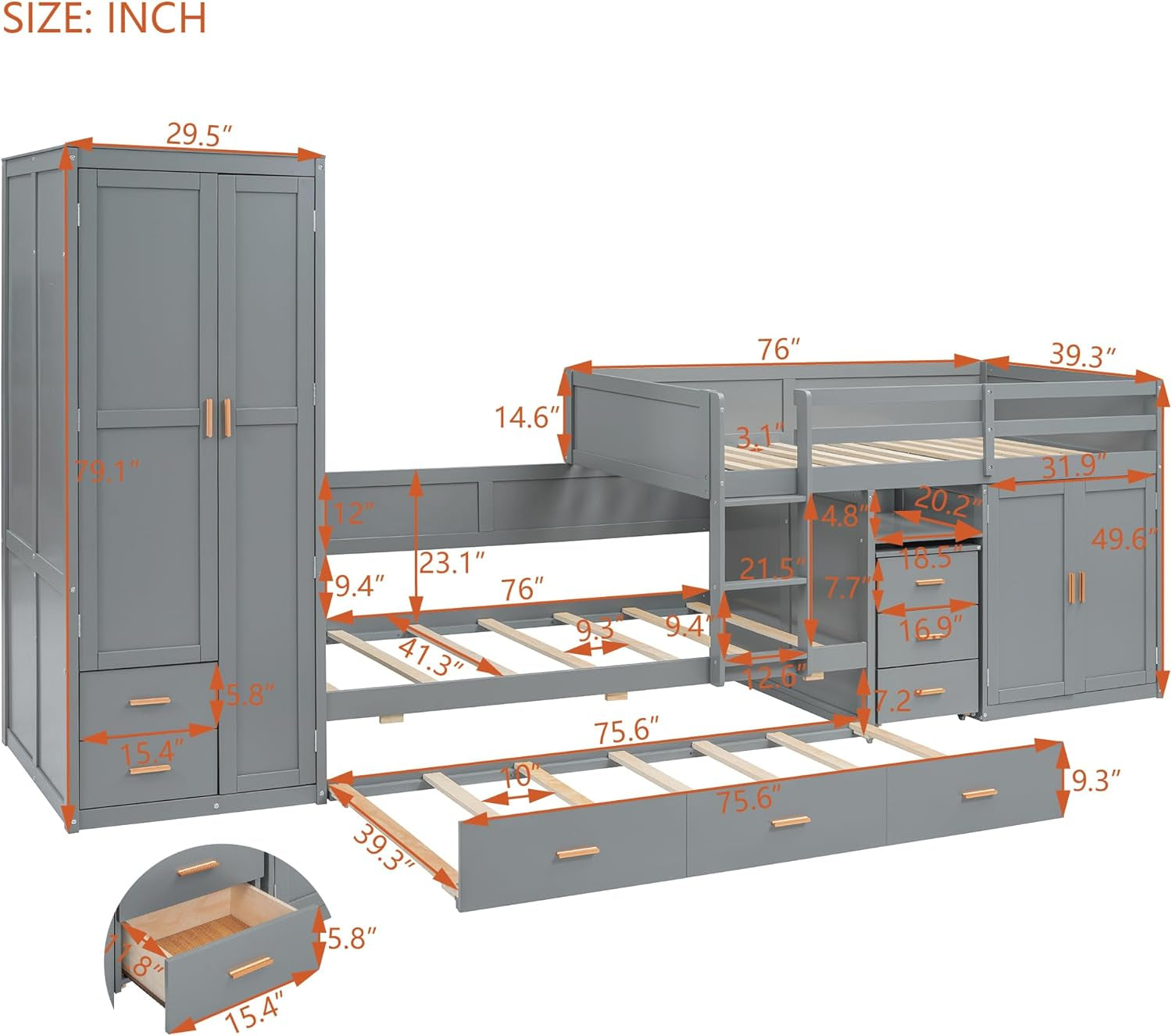 Twin Over Twin Bunk Bed With Wardrobe And Desk In Gray