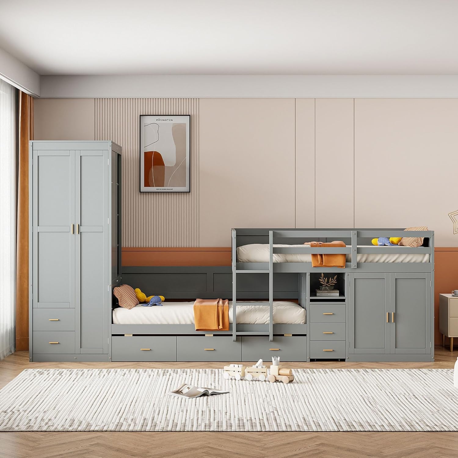Twin Over Twin Bunk Bed With Wardrobe And Desk In Gray
