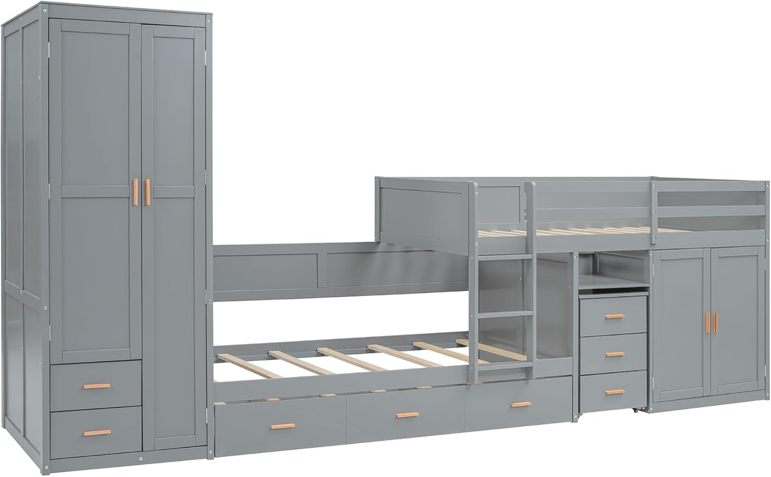 Twin Over Twin Bunk Bed With Wardrobe And Desk In Gray