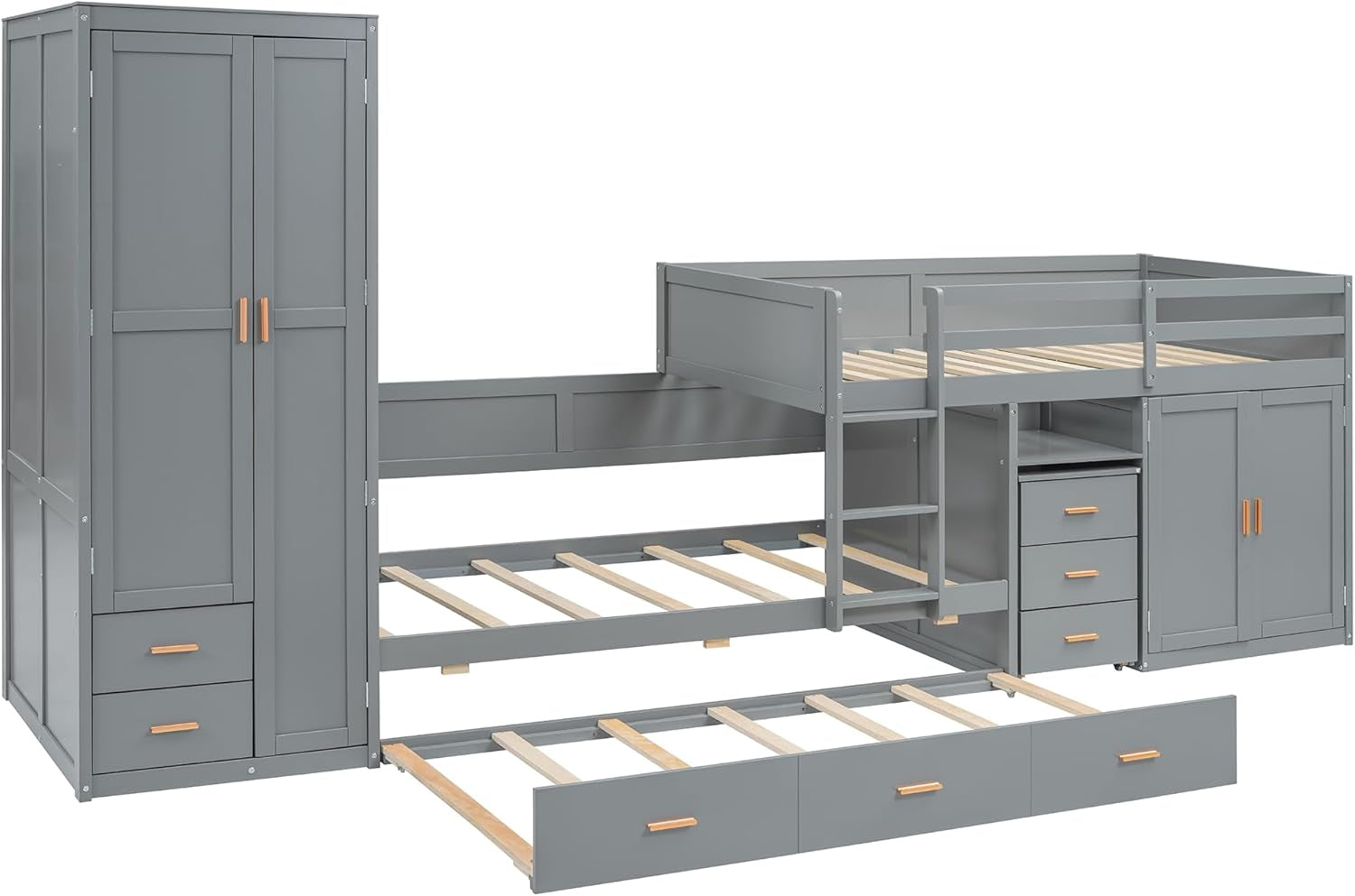 Twin Over Twin Bunk Bed With Wardrobe And Desk In Gray
