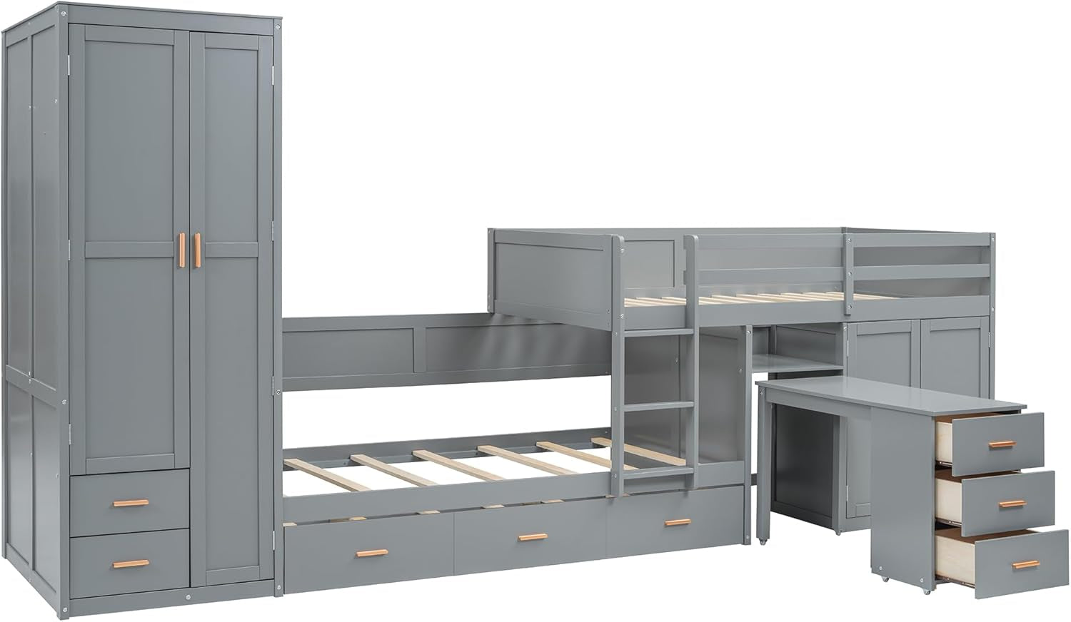 Twin Over Twin Bunk Bed With Wardrobe And Desk In Gray