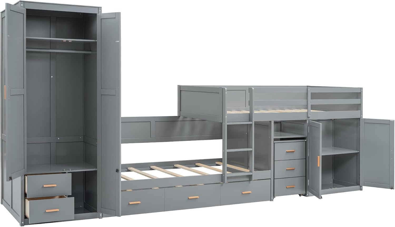 Twin Over Twin Bunk Bed With Wardrobe And Desk In Gray