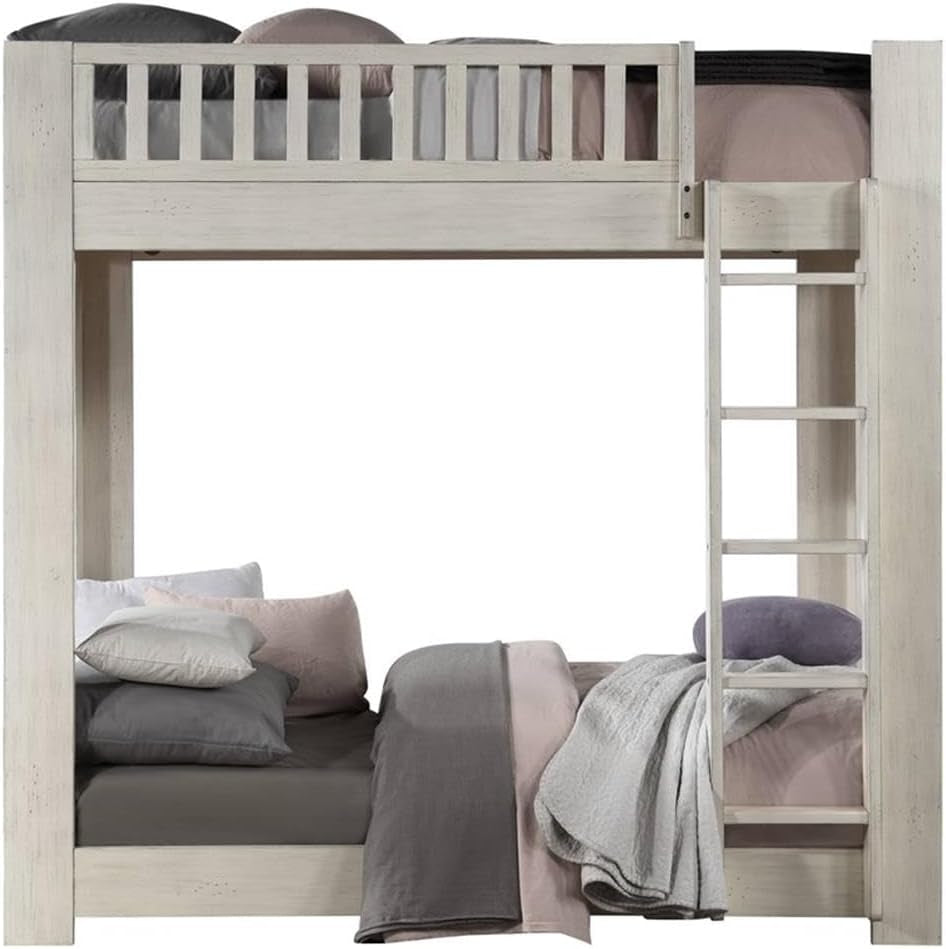 Twin Over Twin Bunk Bed With Wood Ladder Weathered White