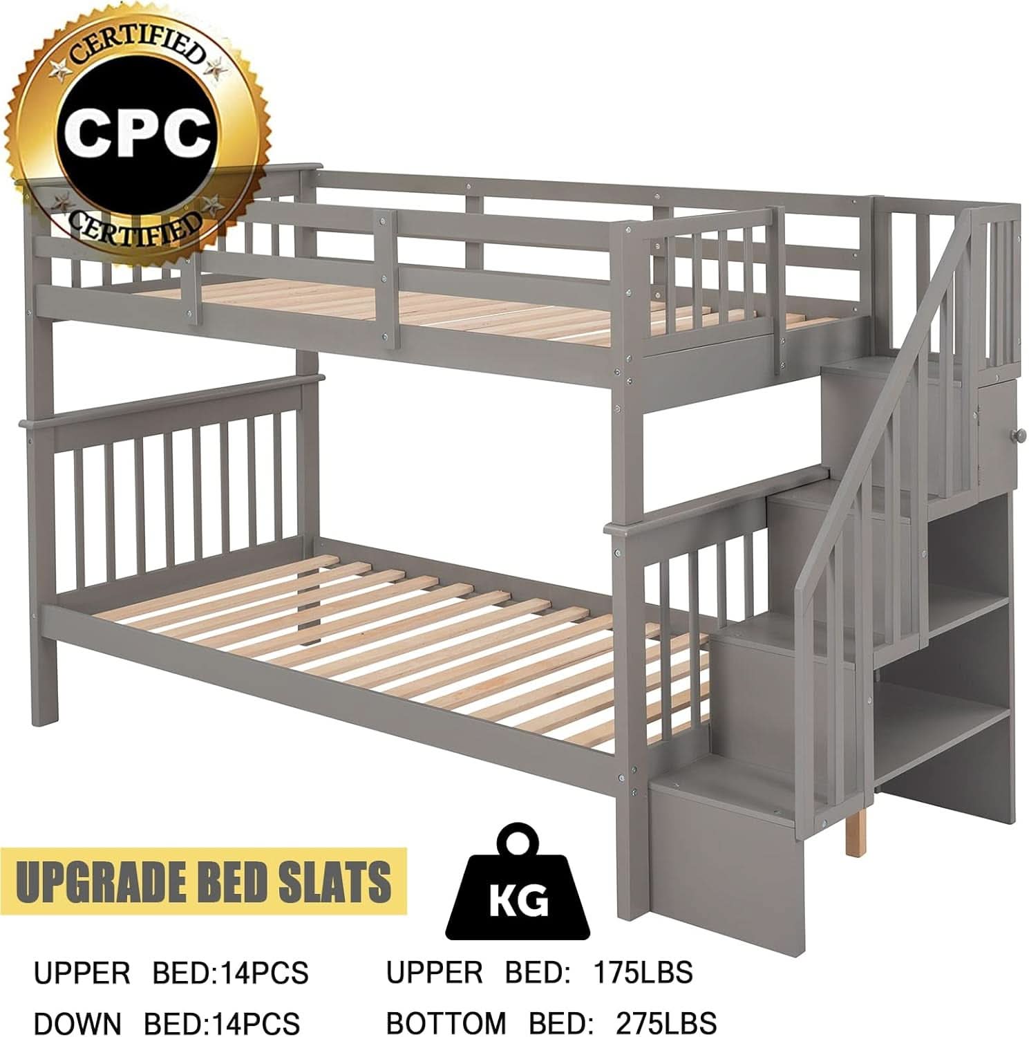 Twin Over Twin Bunk Beds With Stairs Grey For Kids Dorm