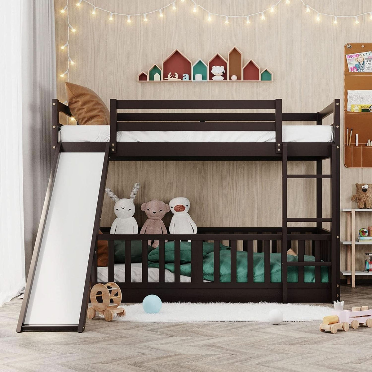 Twin Over Twin Floor Bunk Bed With Slide And Ladder