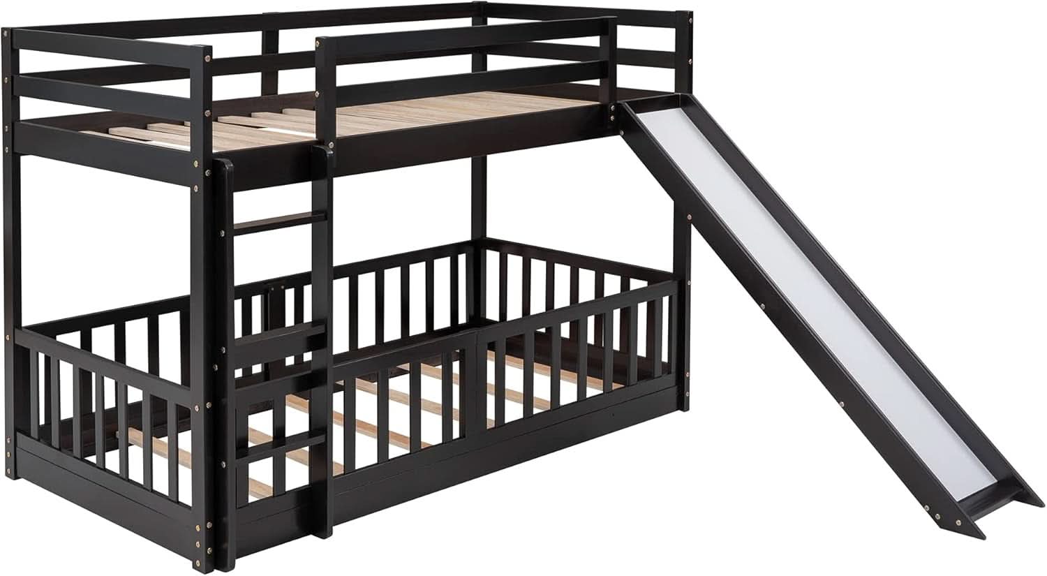Twin Over Twin Floor Bunk Bed With Slide And Ladder