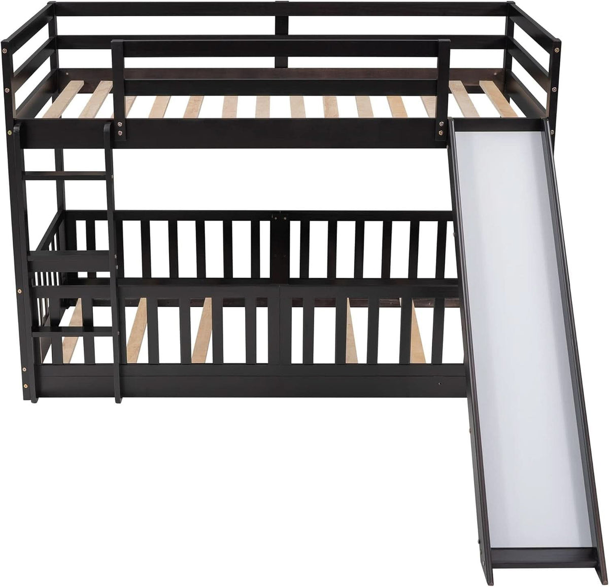 Twin Over Twin Floor Bunk Bed With Slide And Ladder
