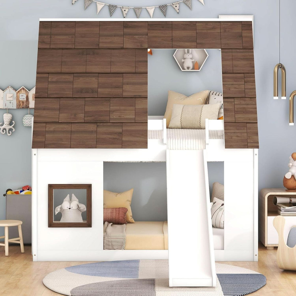 Twin Over Twin House Bunk Bed Frame White Brown With Roof