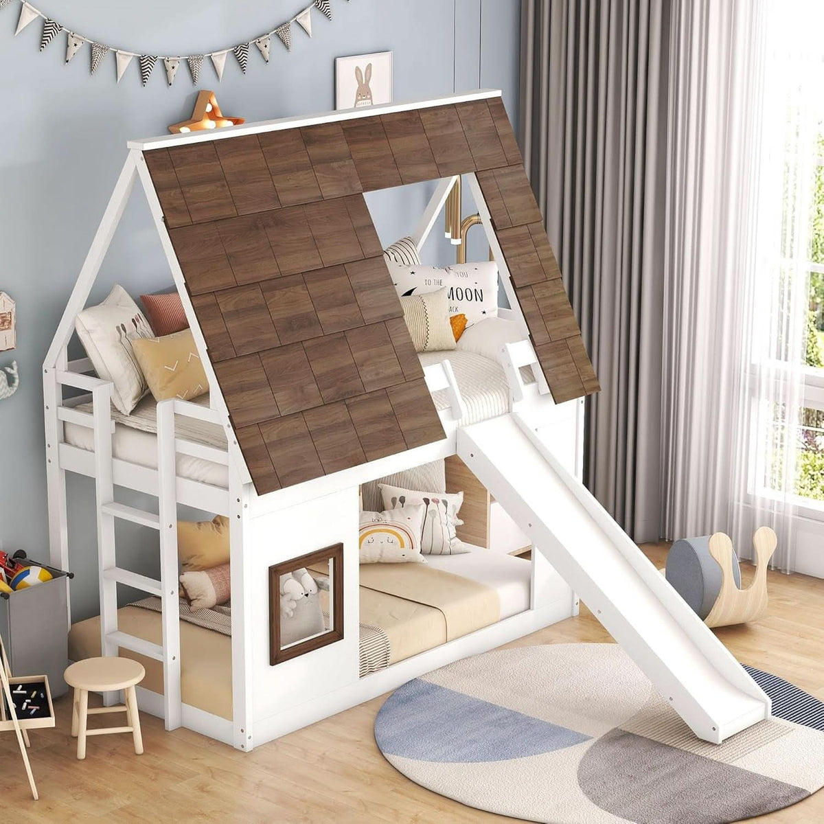 Twin Over Twin House Bunk Bed Frame White Brown With Roof