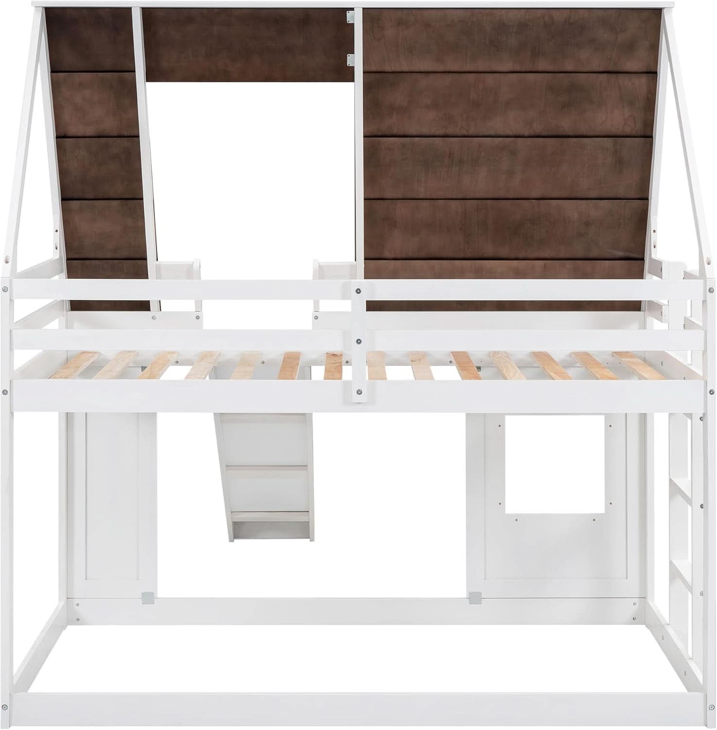 Twin Over Twin House Bunk Bed Frame White Brown With Roof