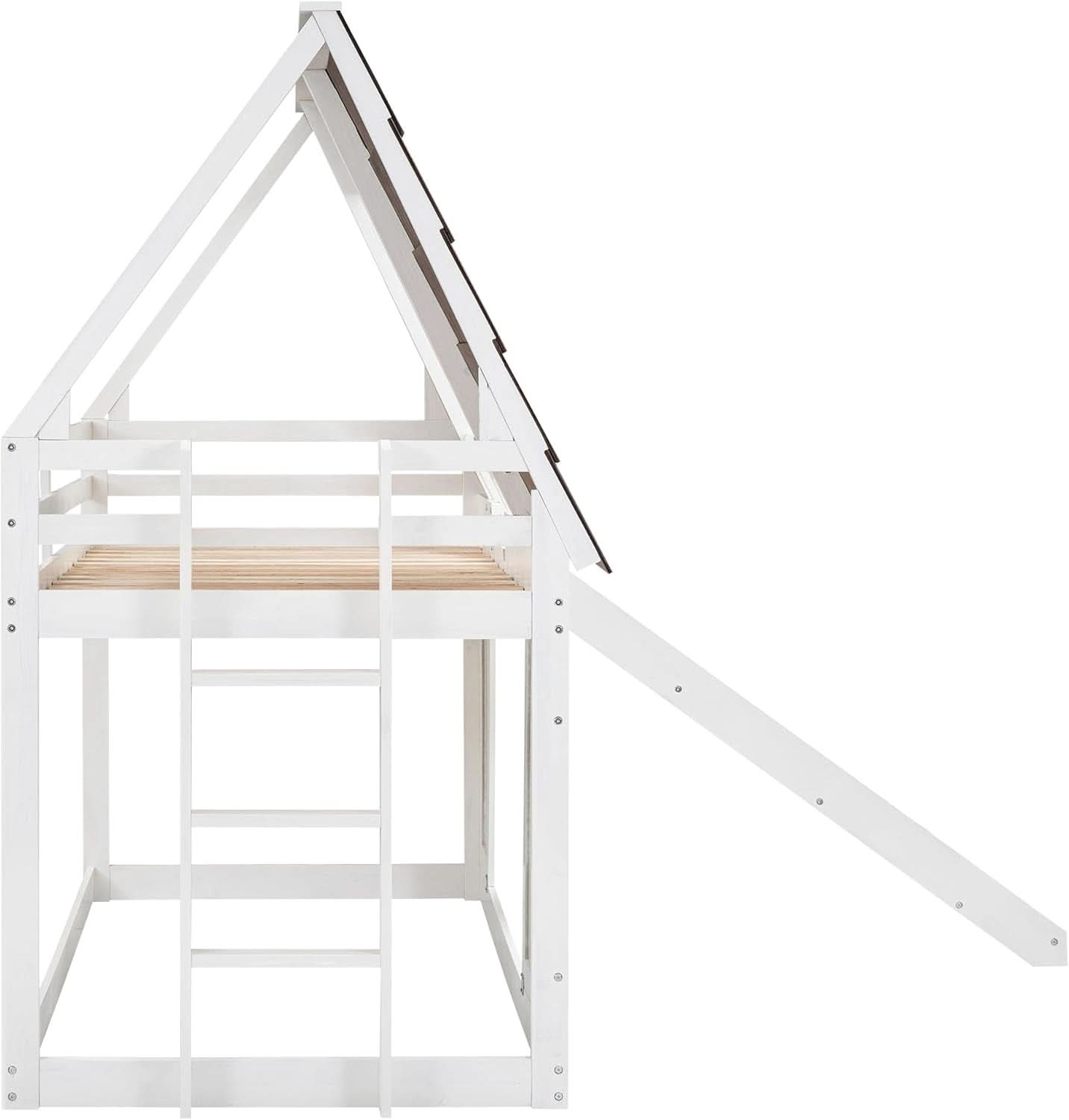 Twin Over Twin House Bunk Bed Frame White Brown With Roof