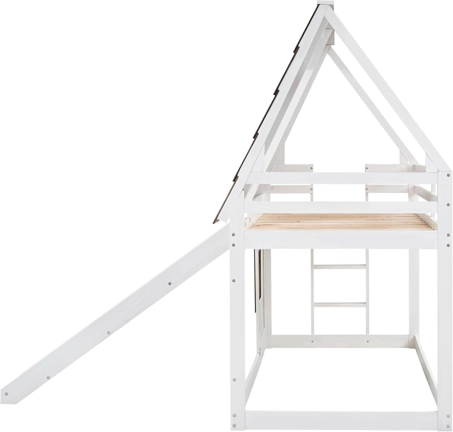 Twin Over Twin House Bunk Bed Frame White Brown With Roof
