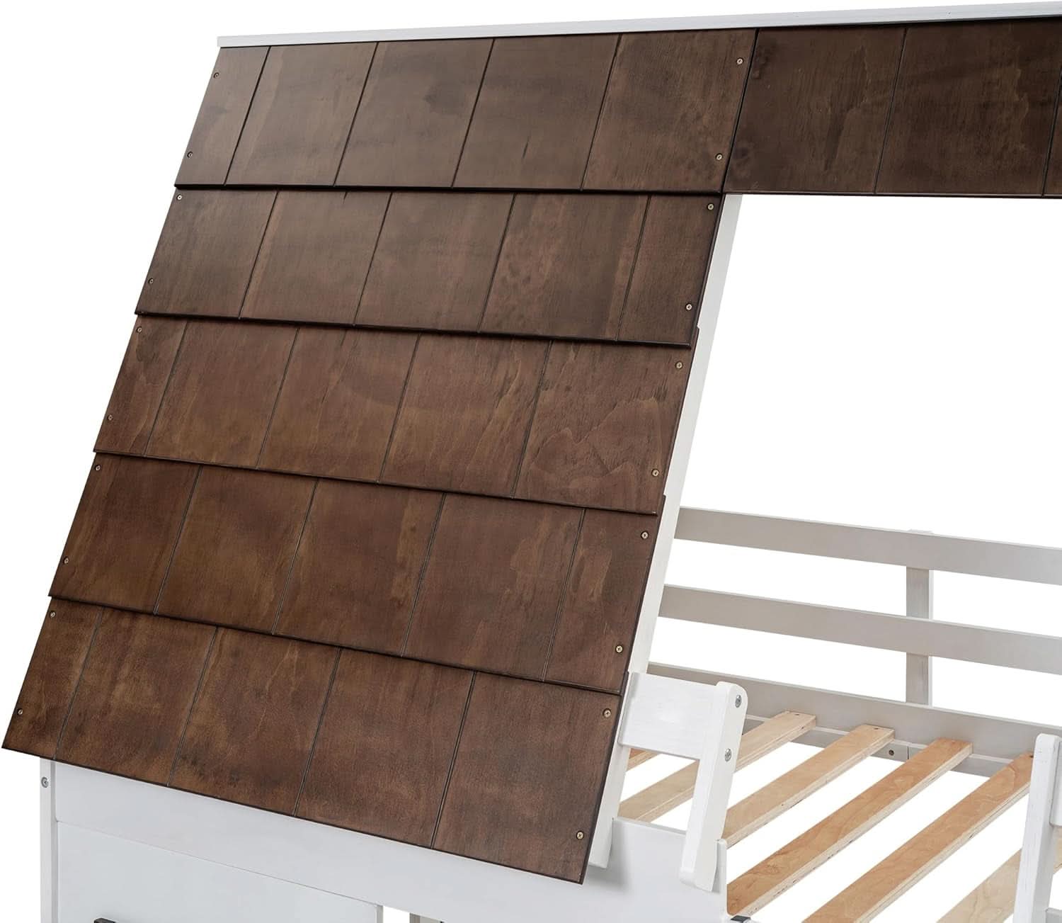 Twin Over Twin House Bunk Bed Frame White Brown With Roof