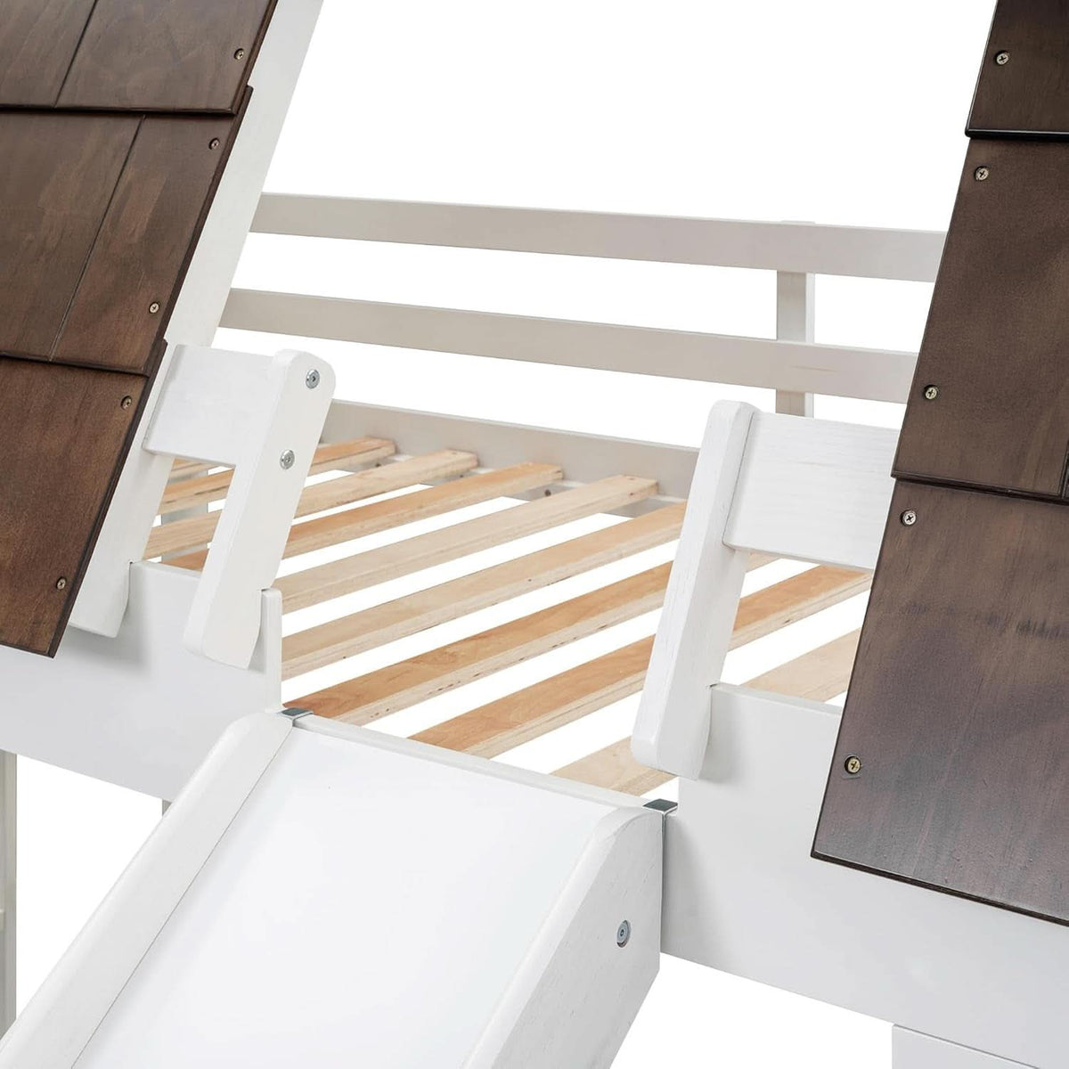 Twin Over Twin House Bunk Bed Frame White Brown With Roof
