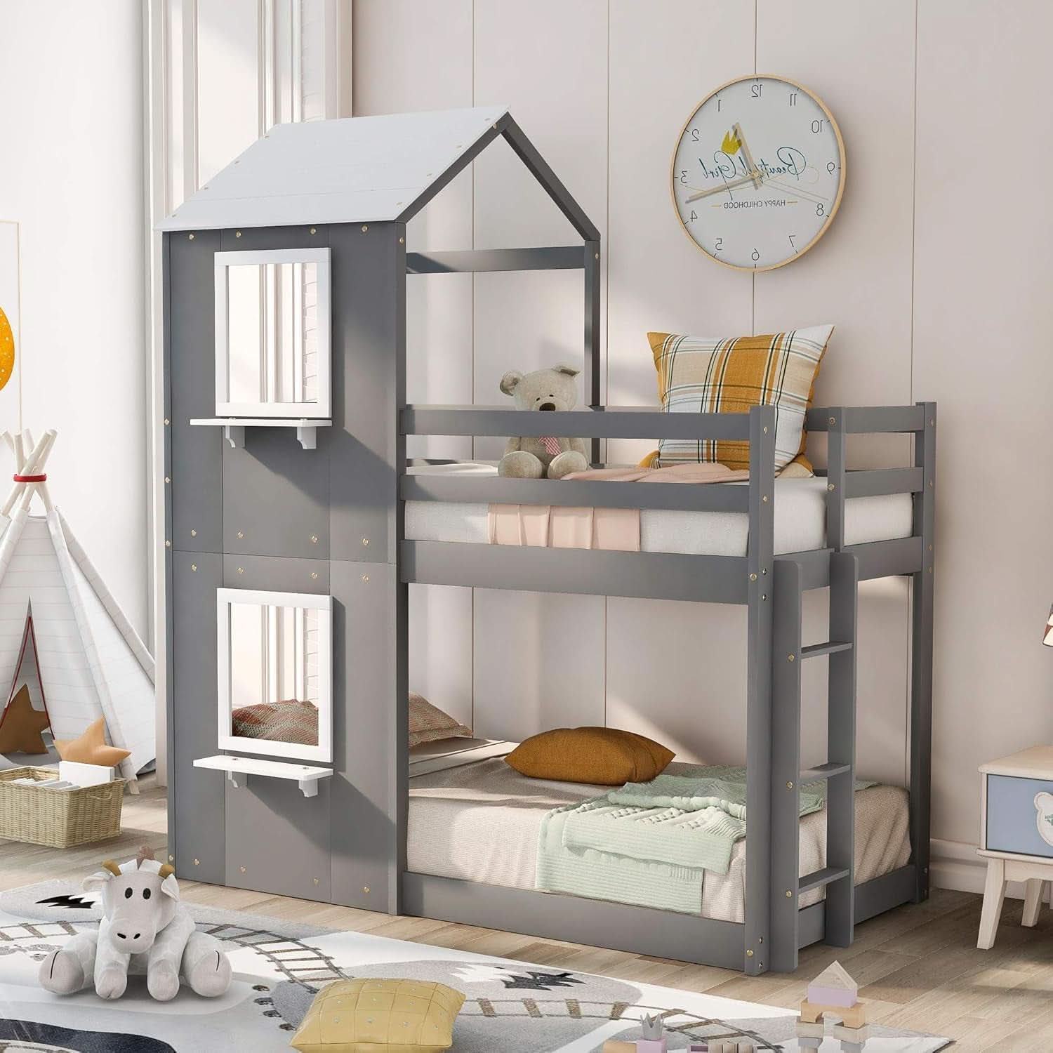 Twin Over Twin House Bunk Bed With Roof And Ladders Grey