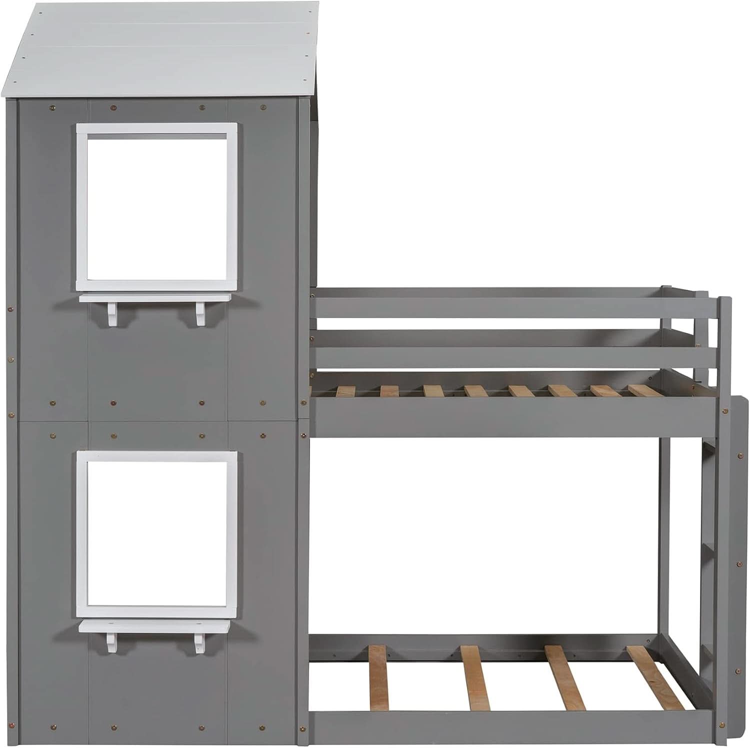 Twin Over Twin House Bunk Bed With Roof And Ladders Grey