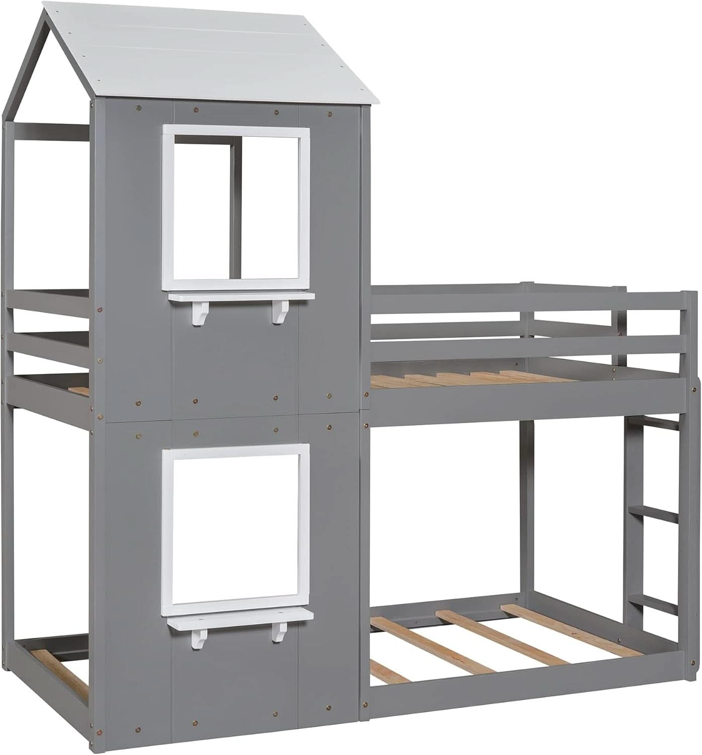 Twin Over Twin House Bunk Bed With Roof And Ladders Grey