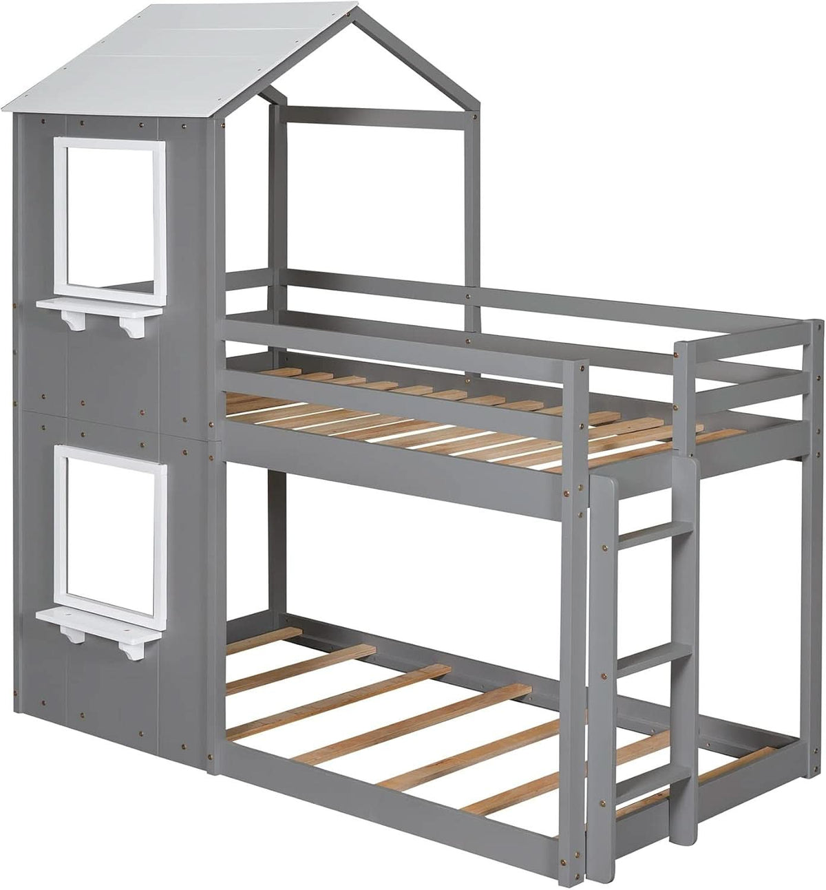 Twin Over Twin House Bunk Bed With Roof And Ladders Grey