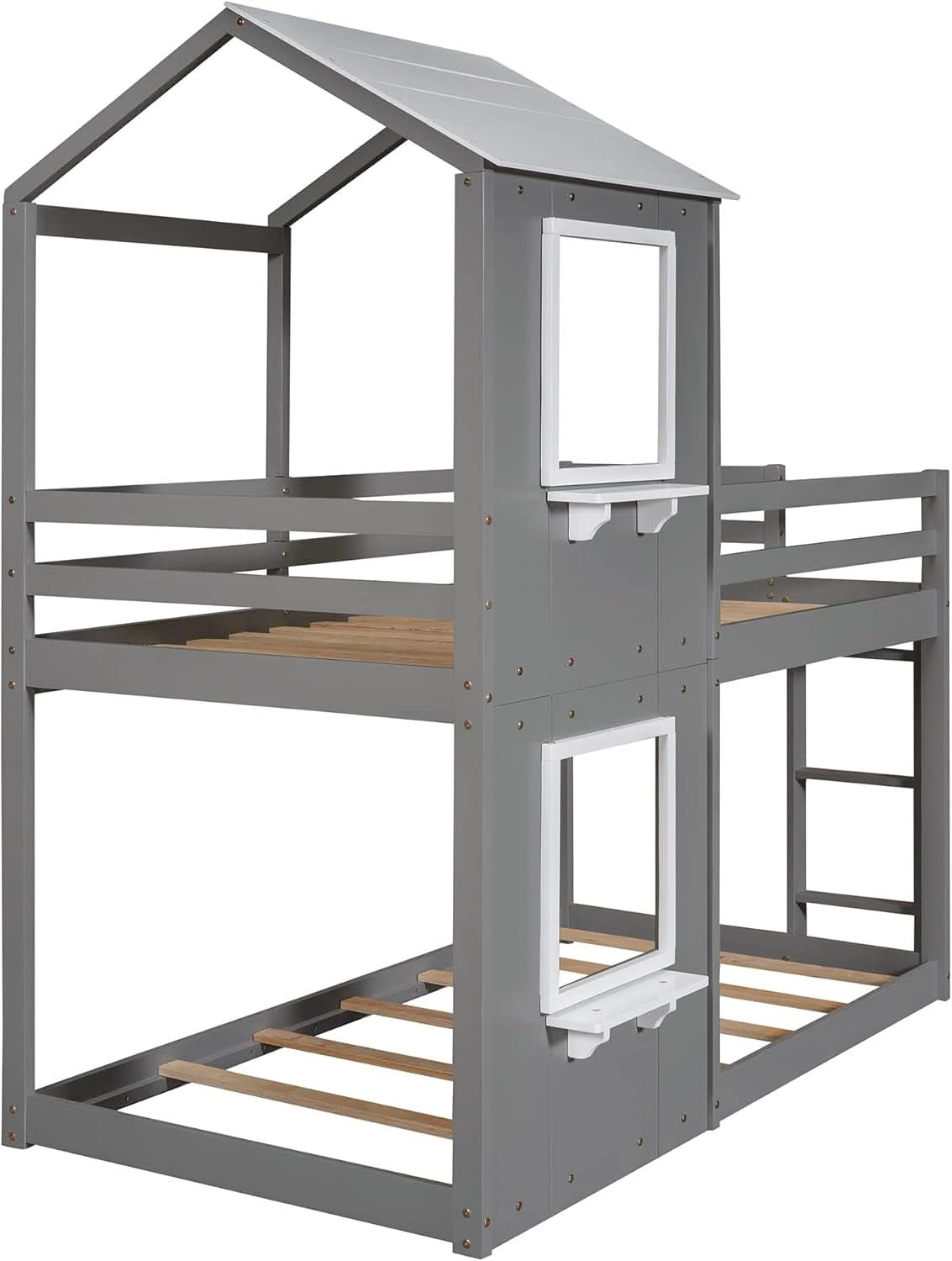 Twin Over Twin House Bunk Bed With Roof And Ladders Grey