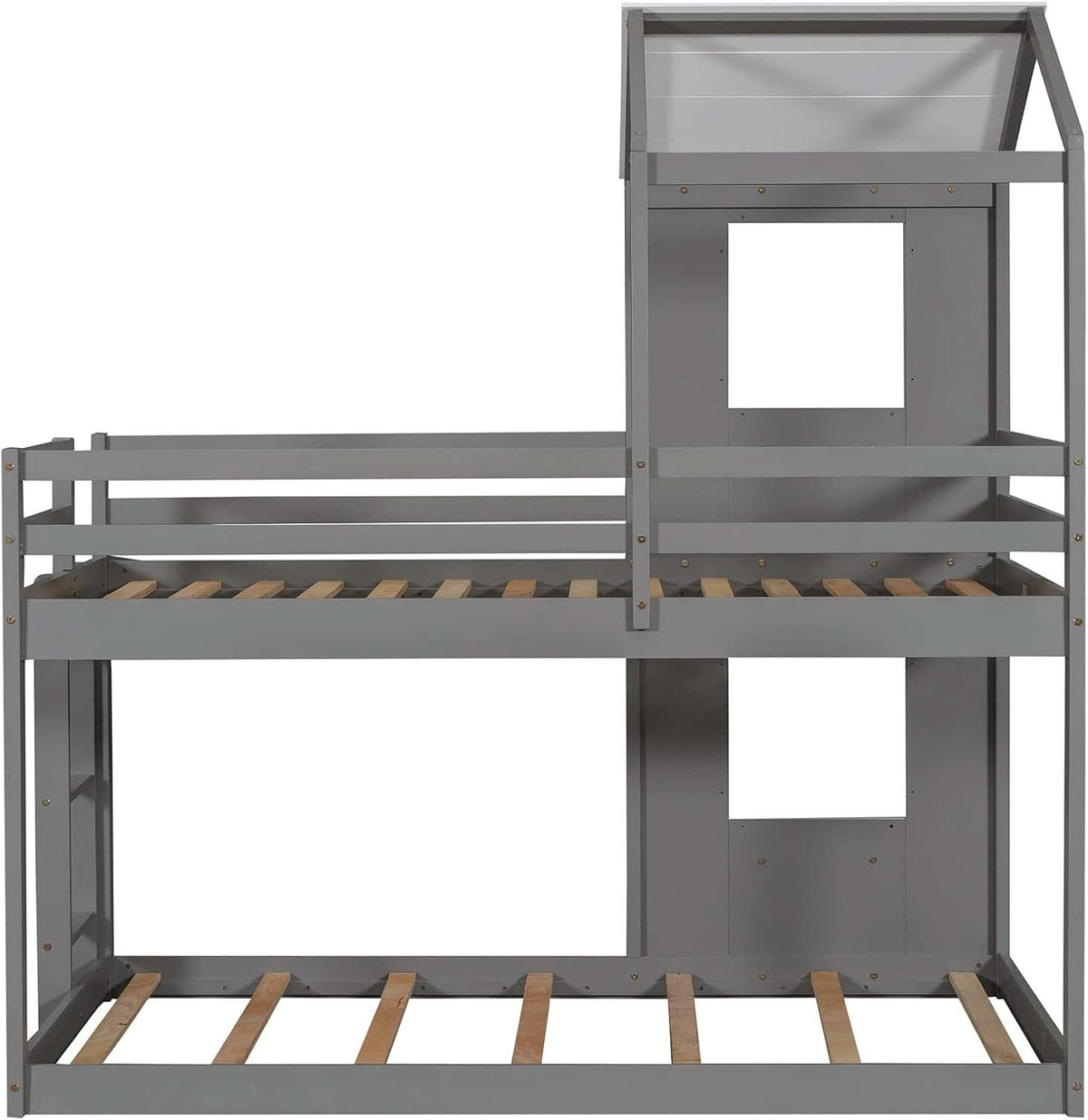 Twin Over Twin House Bunk Bed With Roof And Ladders Grey