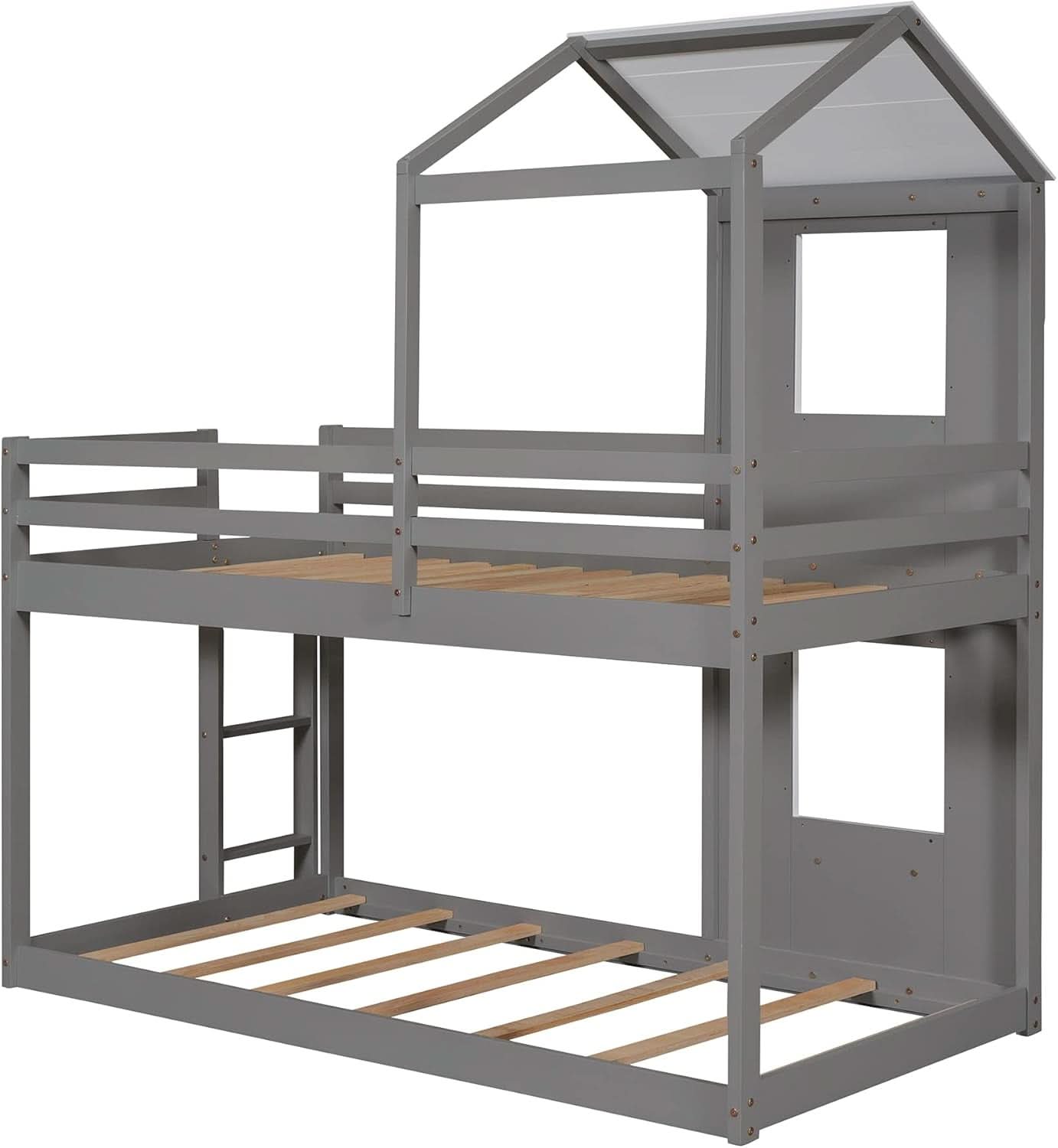 Twin Over Twin House Bunk Bed With Roof And Ladders Grey