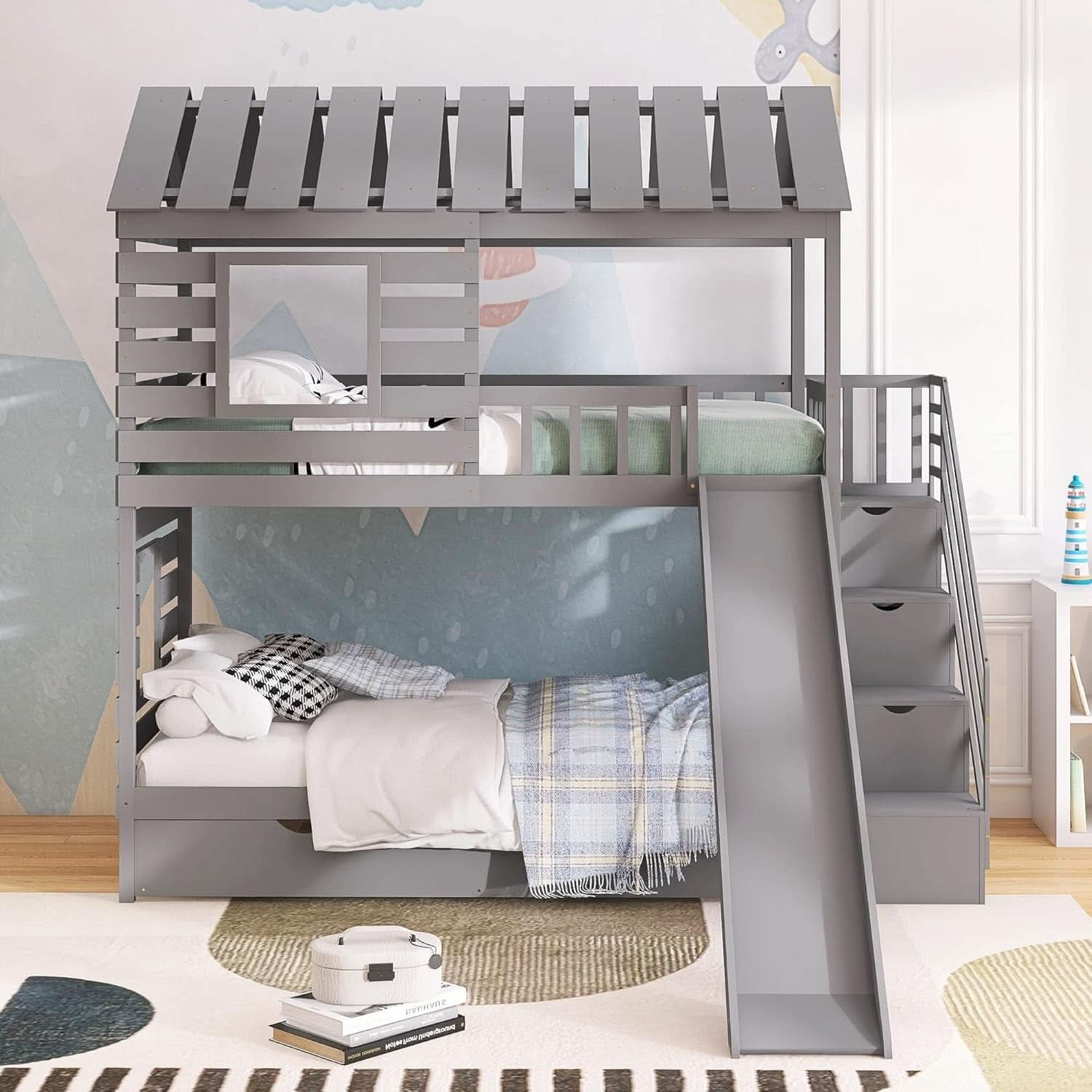 Twin Over Twin House Bunk Bed With Trundle Slide Gray