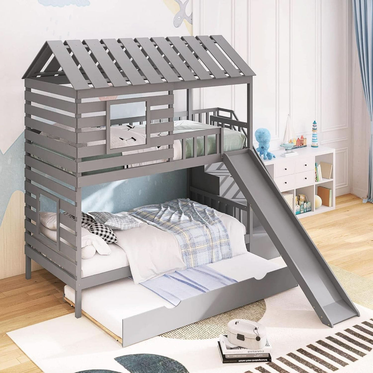 Twin Over Twin House Bunk Bed With Trundle Slide Gray