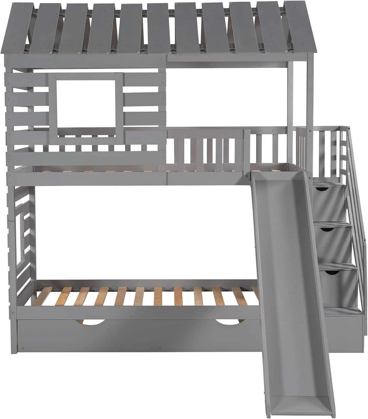 Twin Over Twin House Bunk Bed With Trundle Slide Gray
