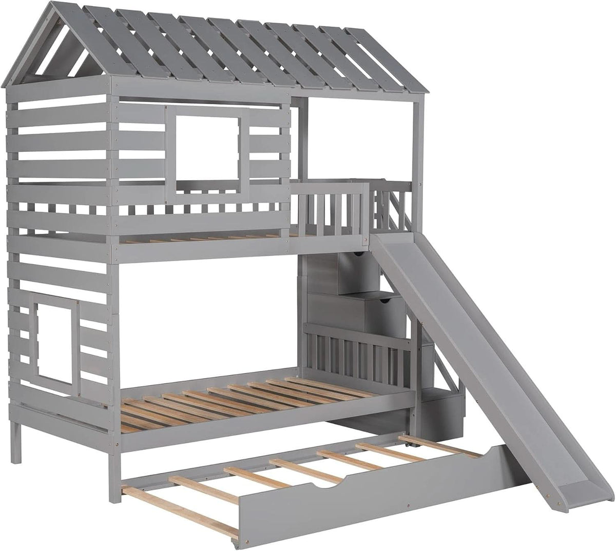 Twin Over Twin House Bunk Bed With Trundle Slide Gray