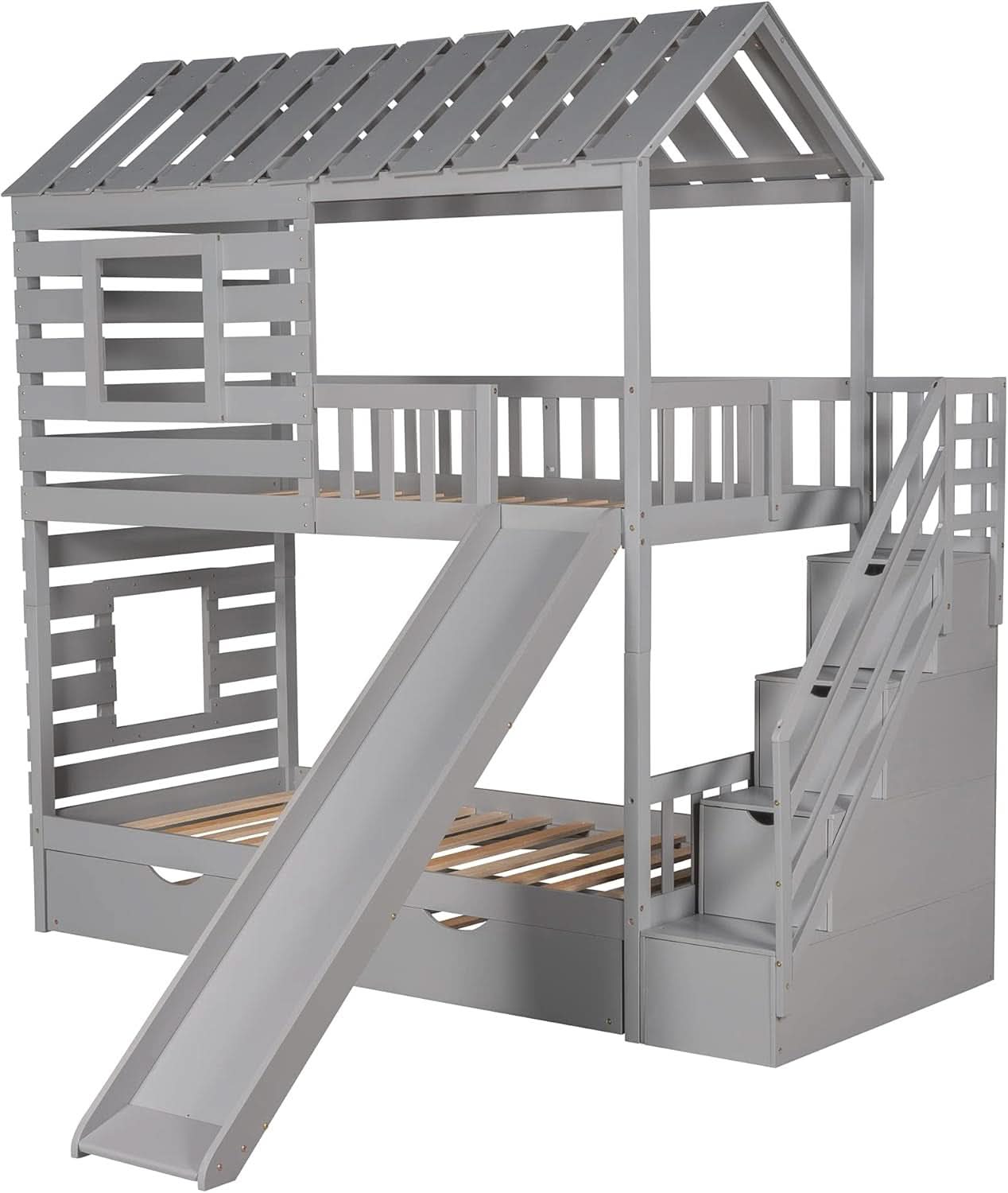 Twin Over Twin House Bunk Bed With Trundle Slide Gray