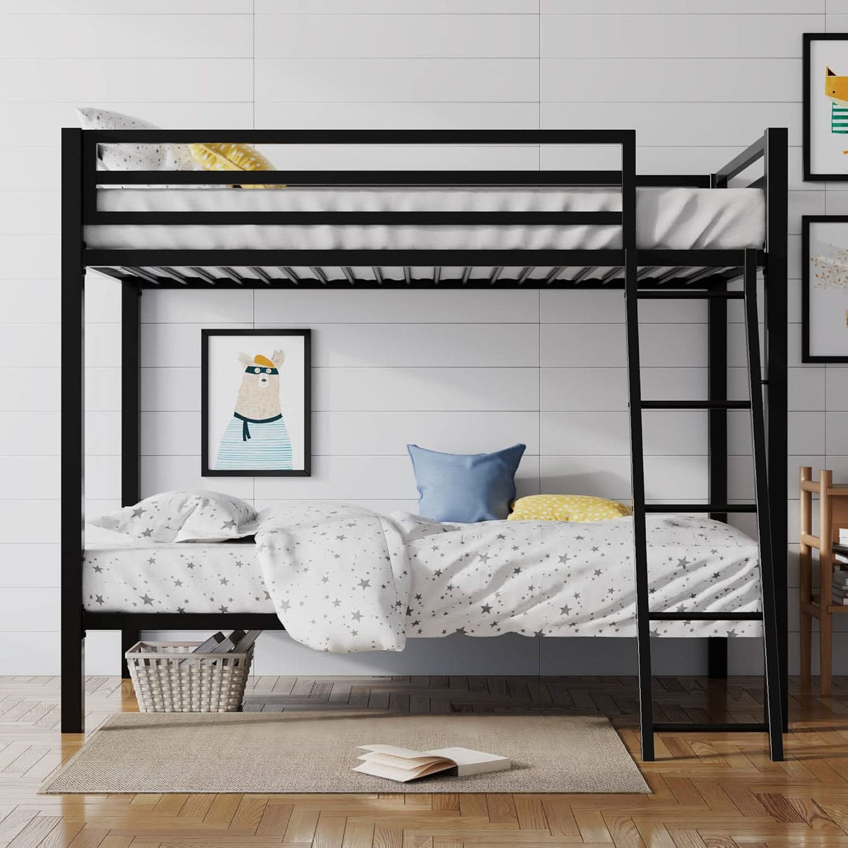 Twin Over Twin Metal Bunk Bed Black Guardrail And Ladder