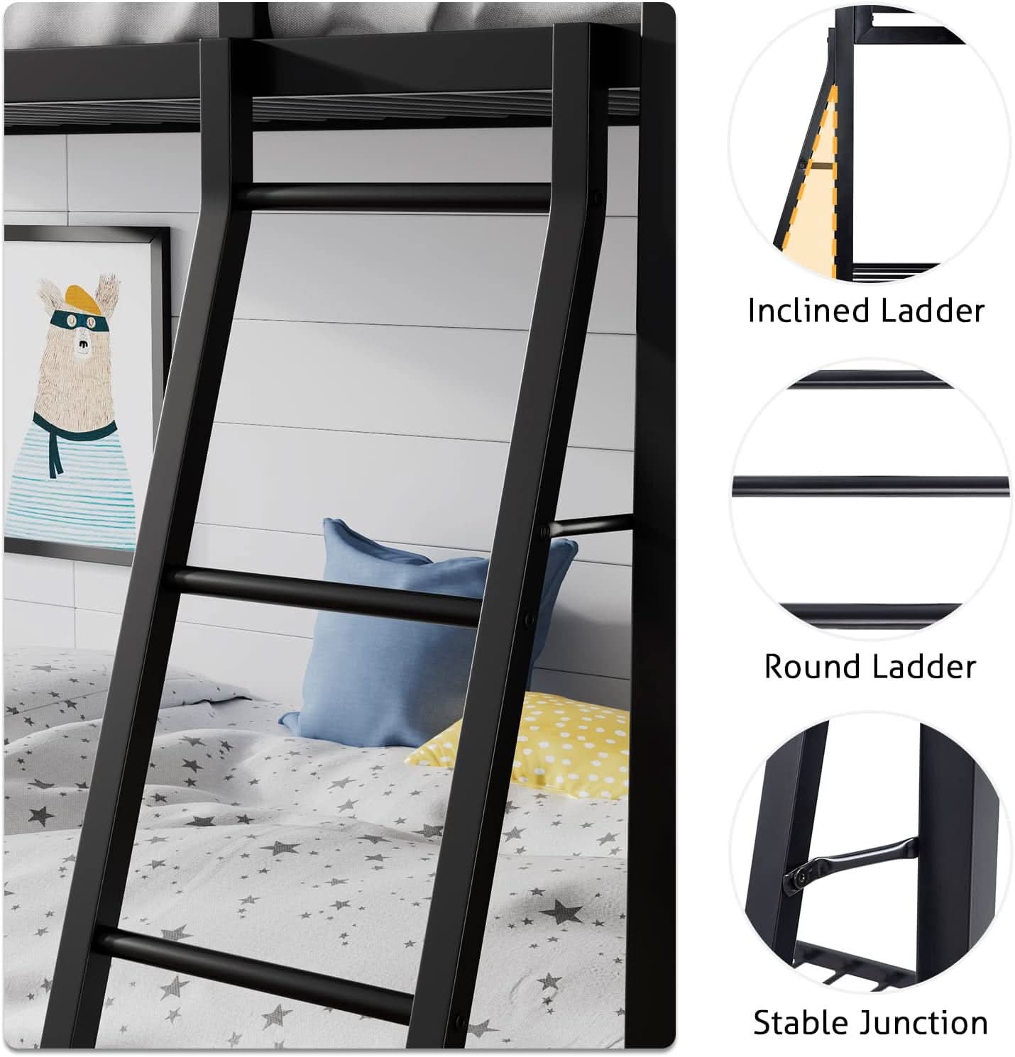 Twin Over Twin Metal Bunk Bed Black Guardrail And Ladder