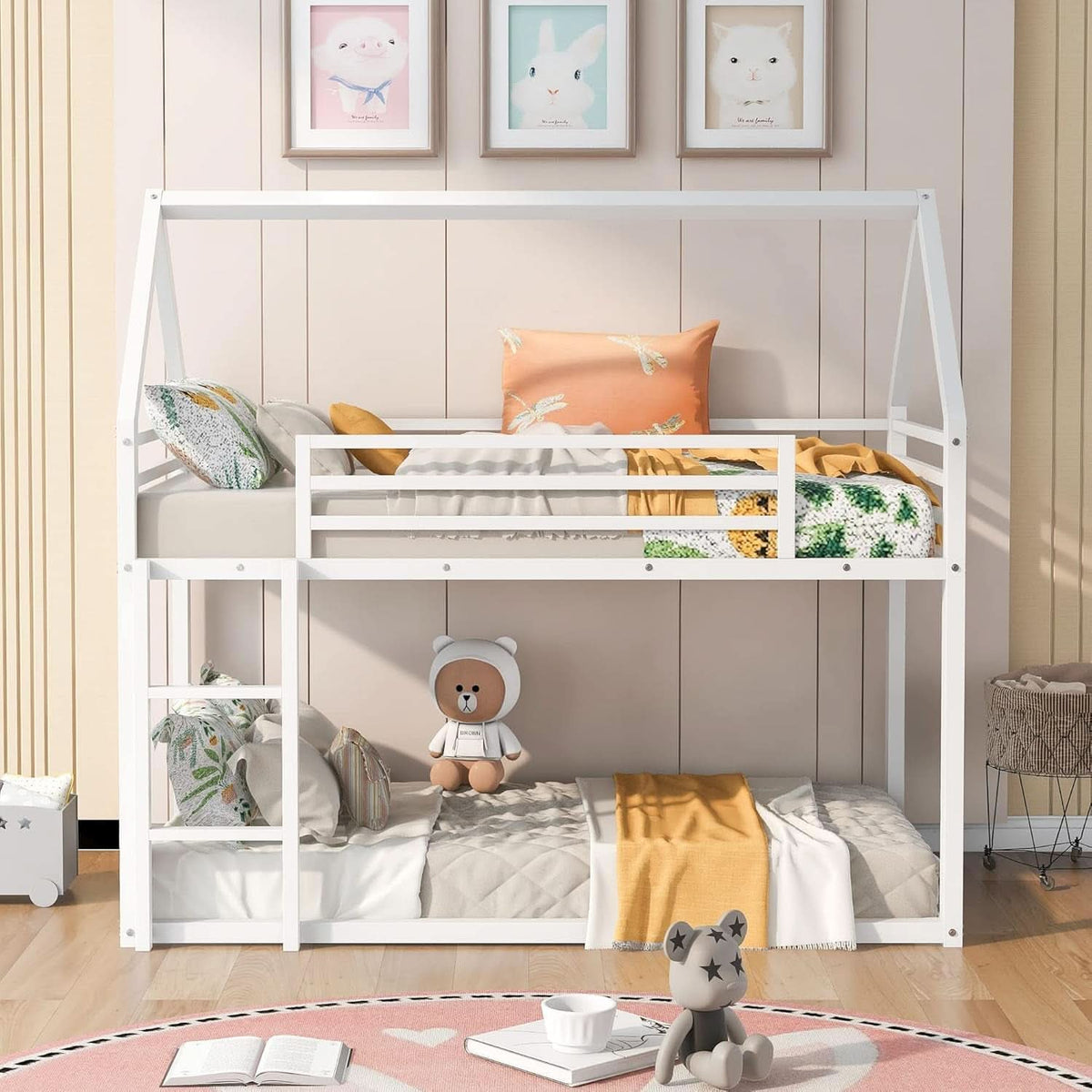 Twin Over Twin Metal Bunk Bed Ladder House Shaped Frame