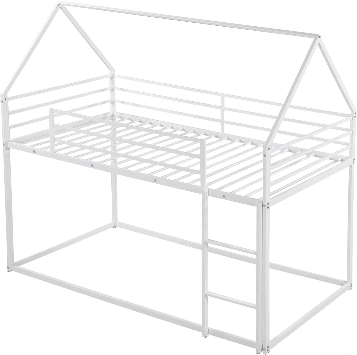 Twin Over Twin Metal Bunk Bed Ladder House Shaped Frame