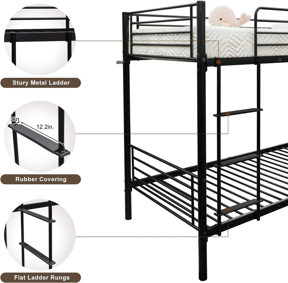Twin Over Twin Metal Bunk Bed With Flat Ladder Black