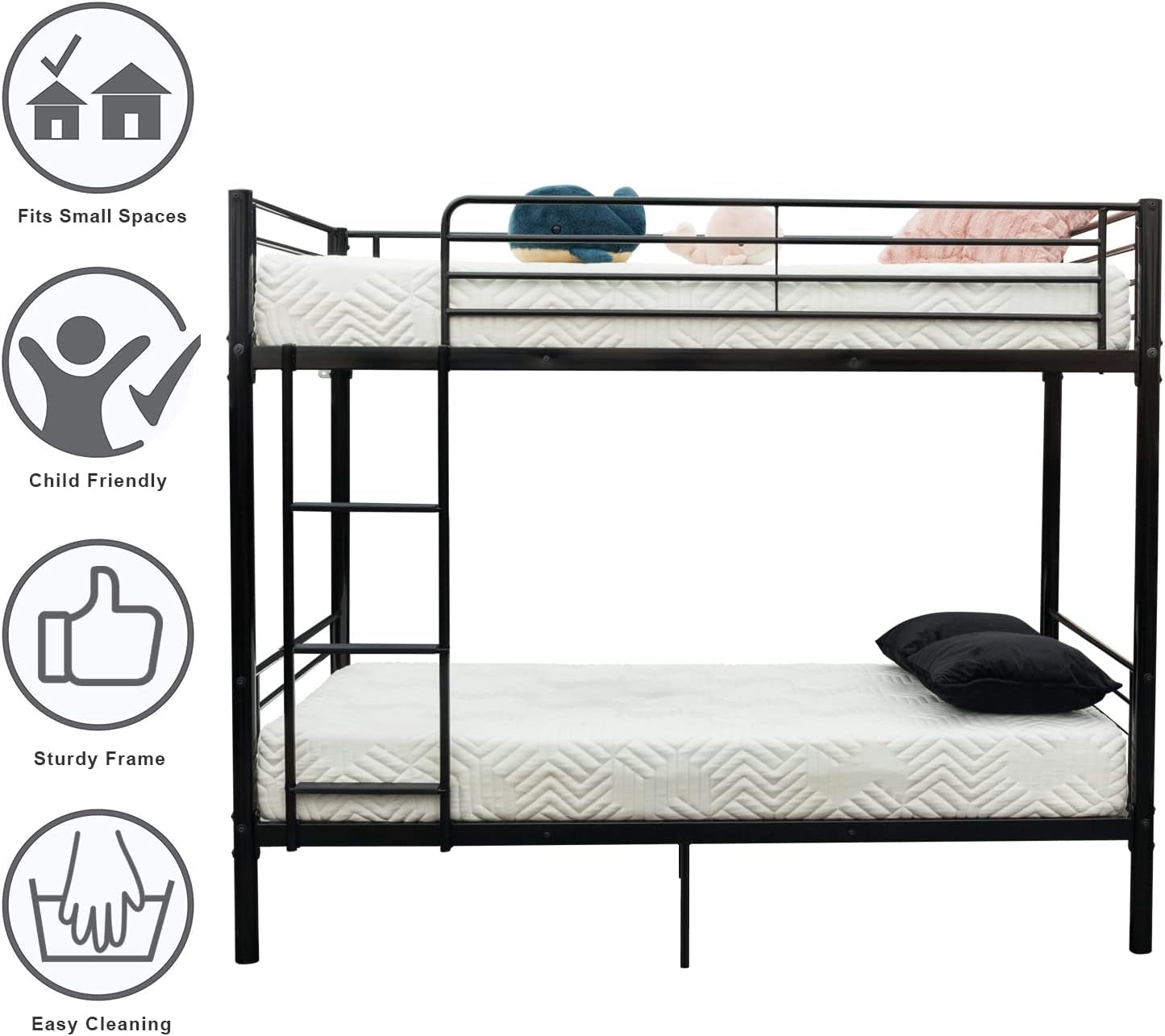Twin Over Twin Metal Bunk Bed With Flat Ladder Black