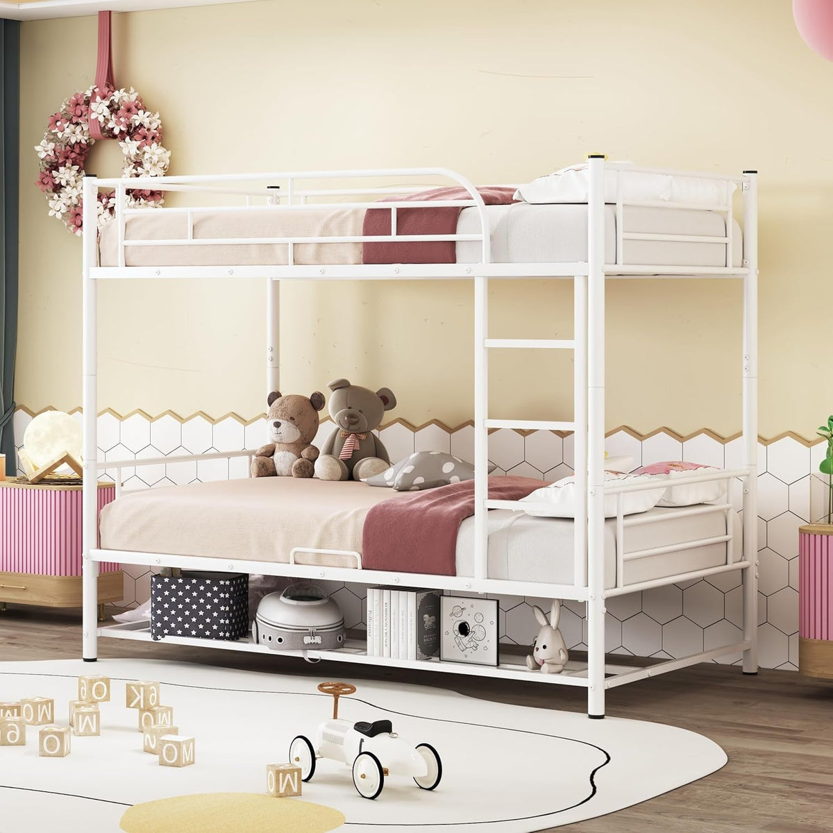 Twin Over Twin Metal Bunk Bed With Shelf and Rails White