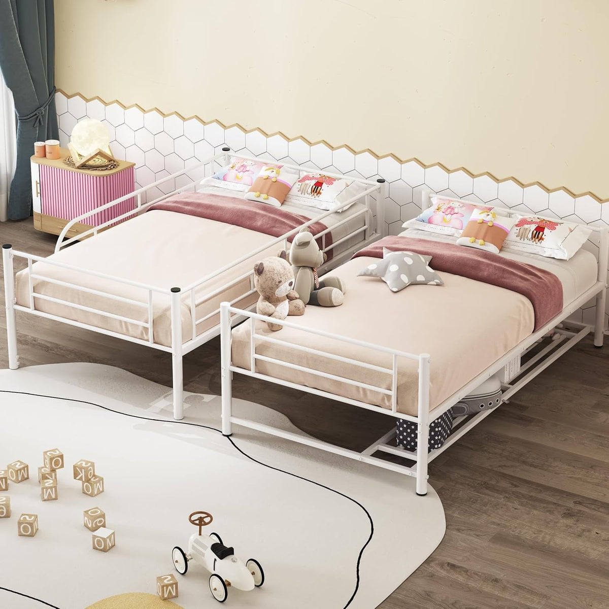 Twin Over Twin Metal Bunk Bed With Shelf and Rails White