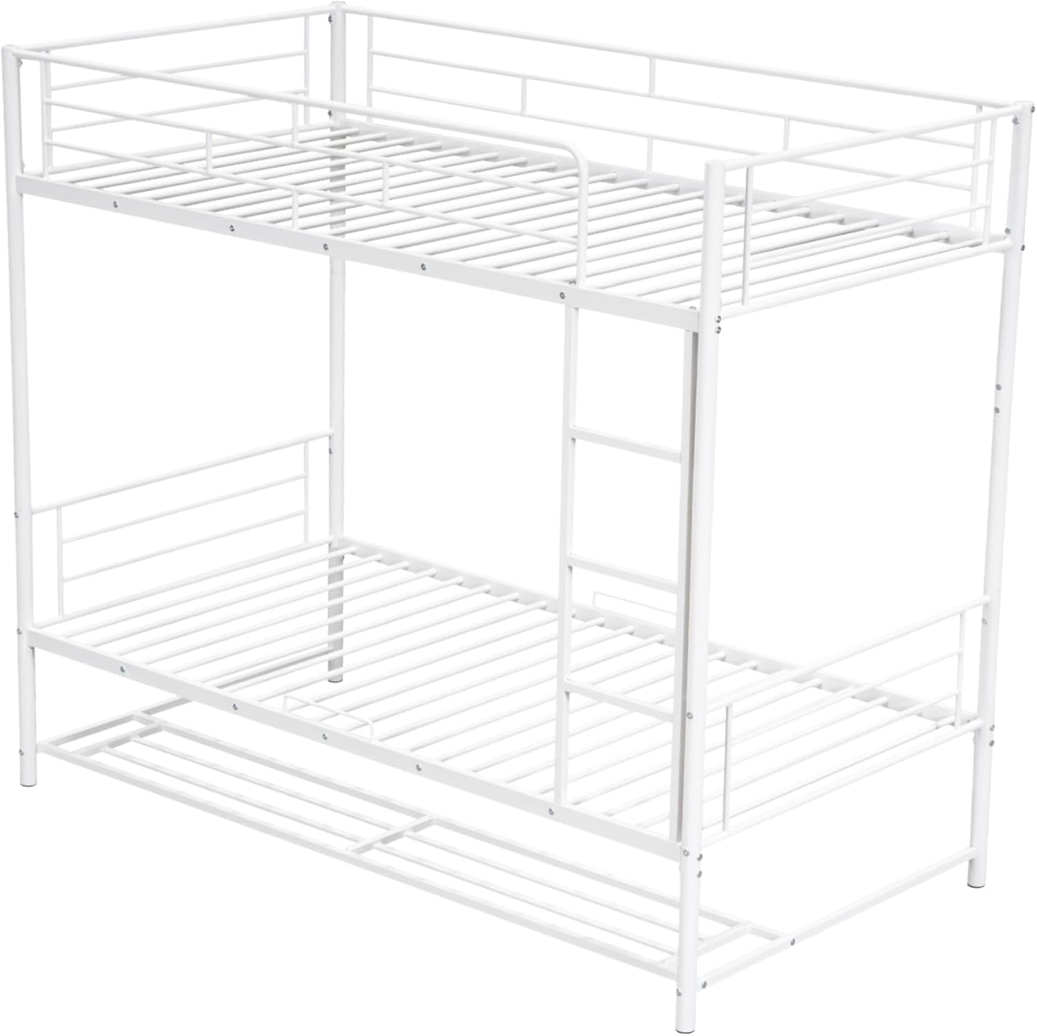 Twin Over Twin Metal Bunk Bed With Shelf and Rails White
