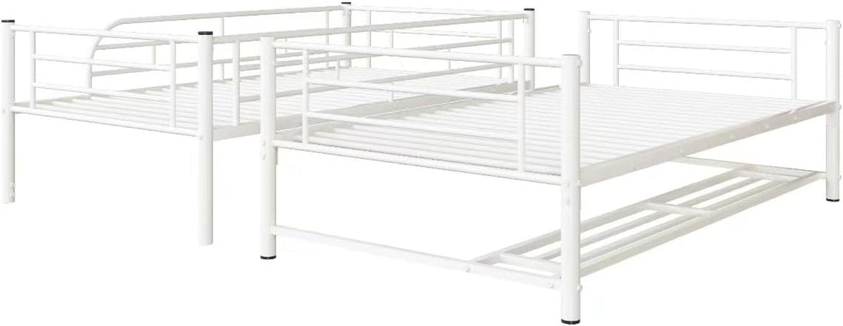 Twin Over Twin Metal Bunk Bed With Shelf and Rails White