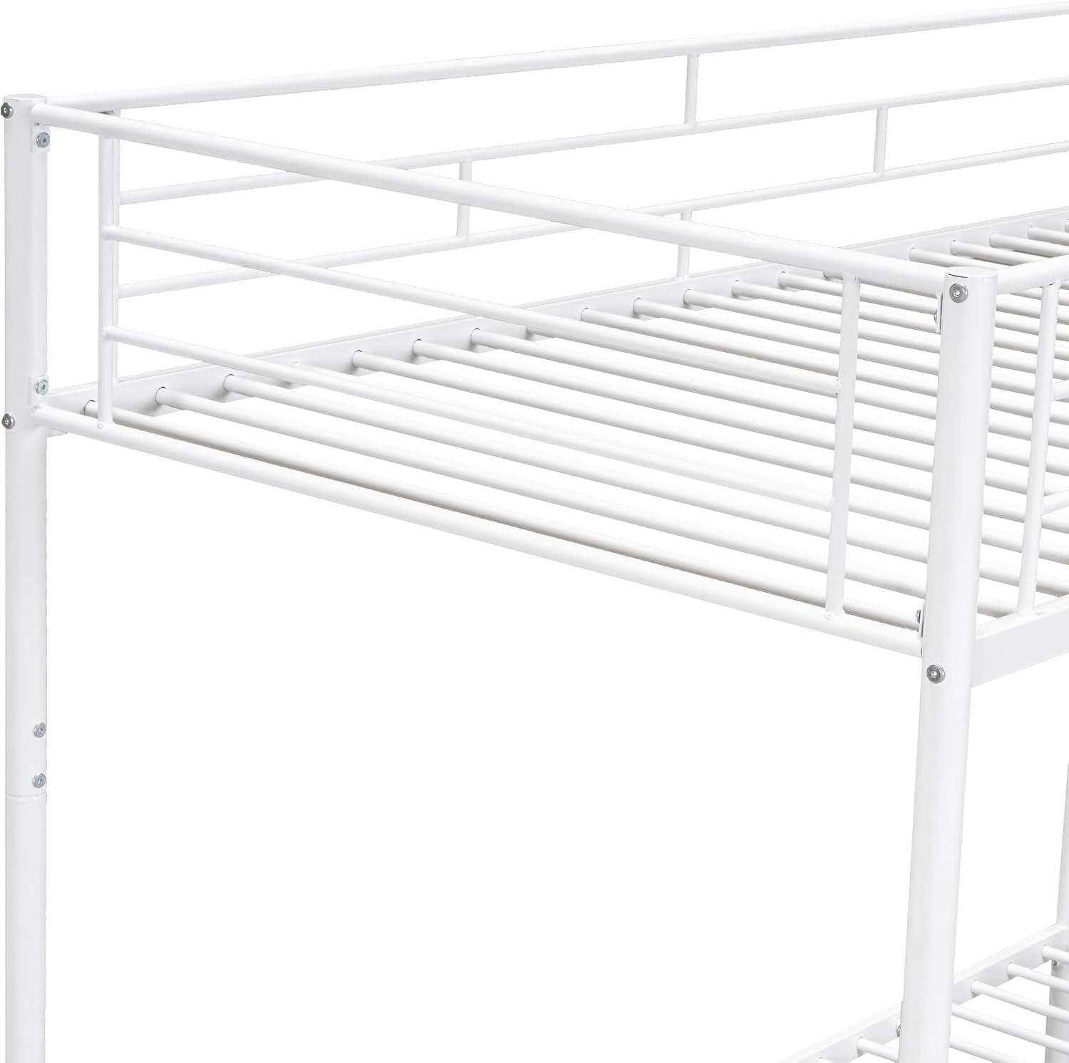 Twin Over Twin Metal Bunk Bed With Shelf and Rails White
