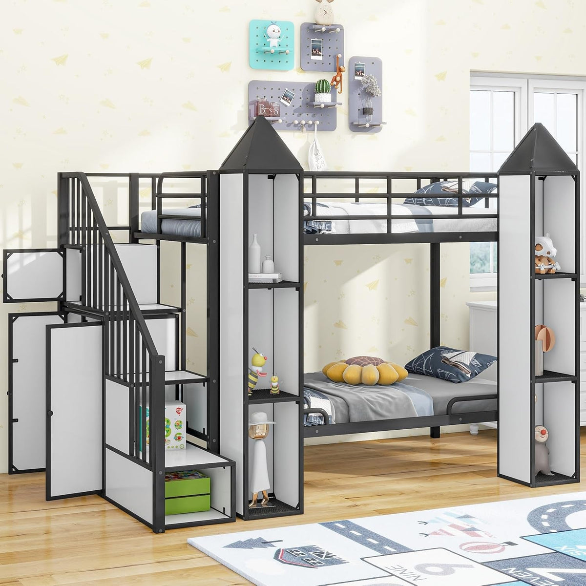 Twin Over Twin Metal Bunk Bed With Stairs And Storage Wardrobe Black And White