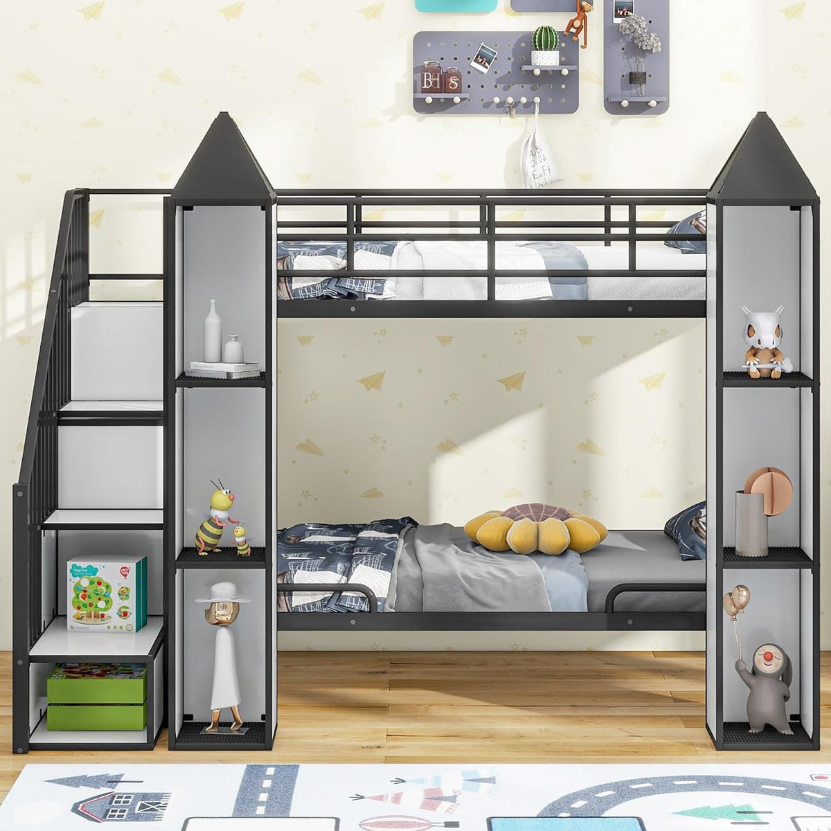 Twin Over Twin Metal Bunk Bed With Stairs And Storage Wardrobe Black And White